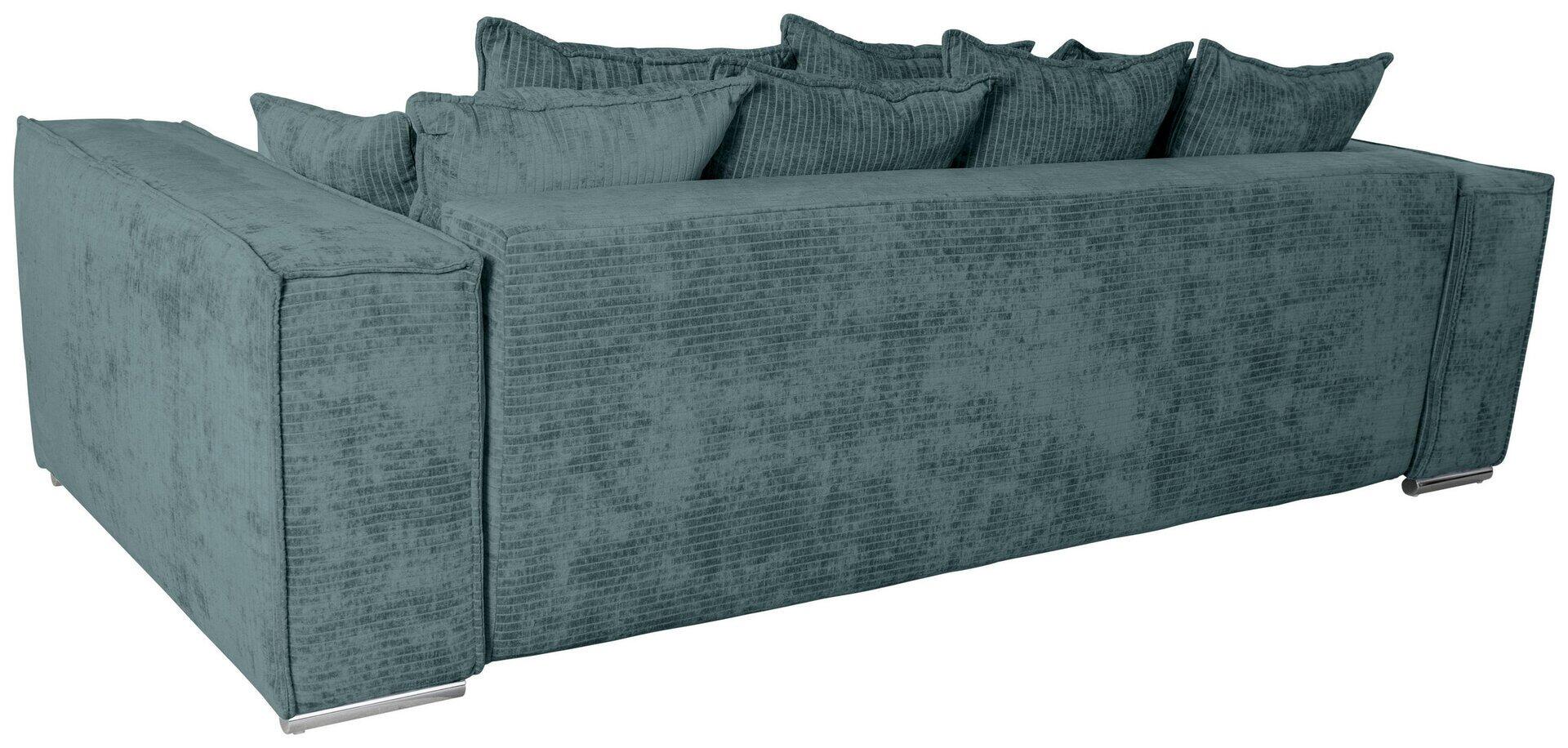 Bigsofa Sky: Eckcouch mit chromfarbenen Metallfüßen und drei Rückenkissen in dreiviertelperspektive.
