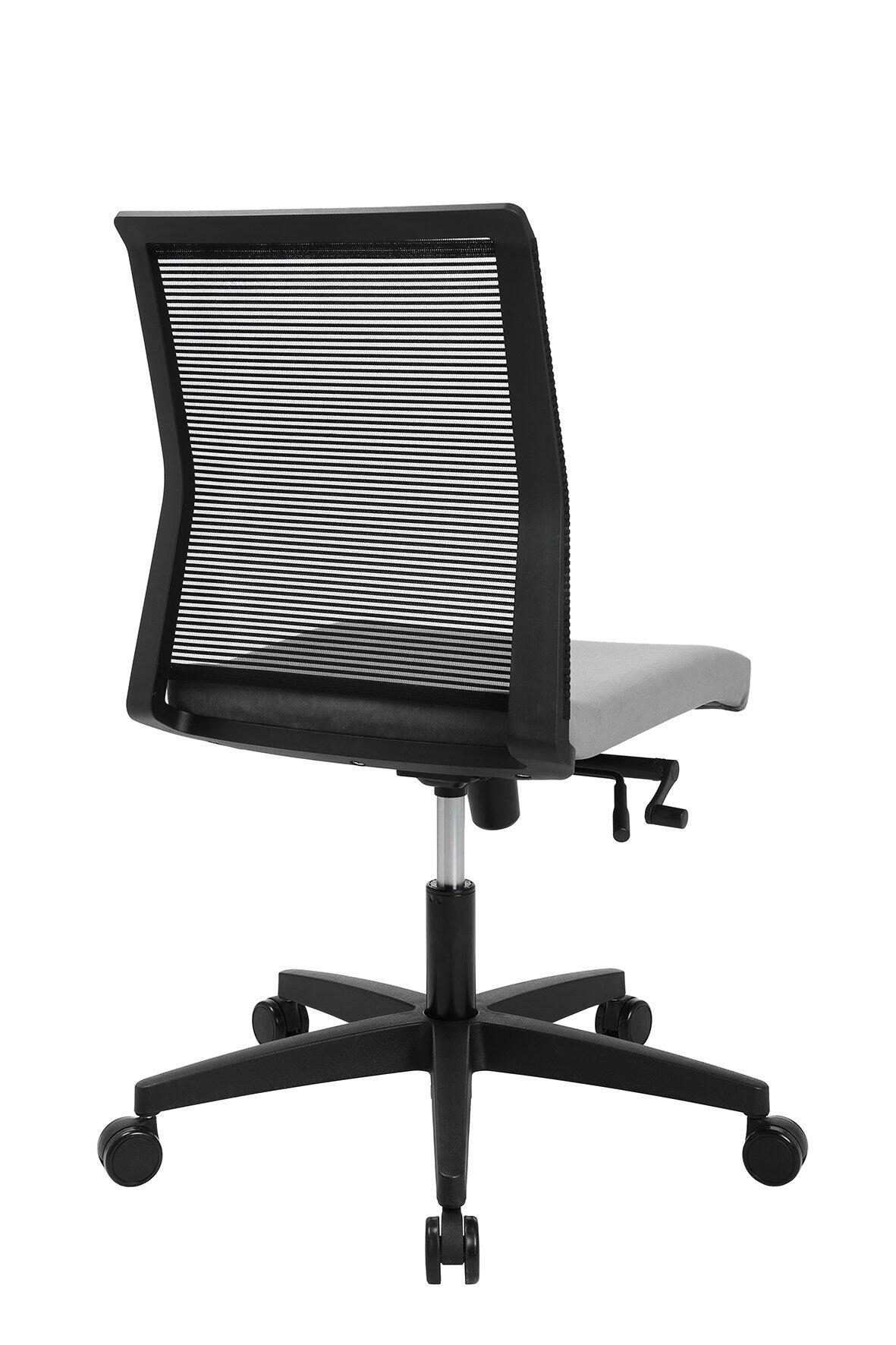 Bürostuhl Smart Point in Detailansicht: Schwarzer Fußkreuz mit Rollen, silberfarbener Toplift-Mechanismus und atmungsaktivem Netzgewebe an der Rückenlehne.