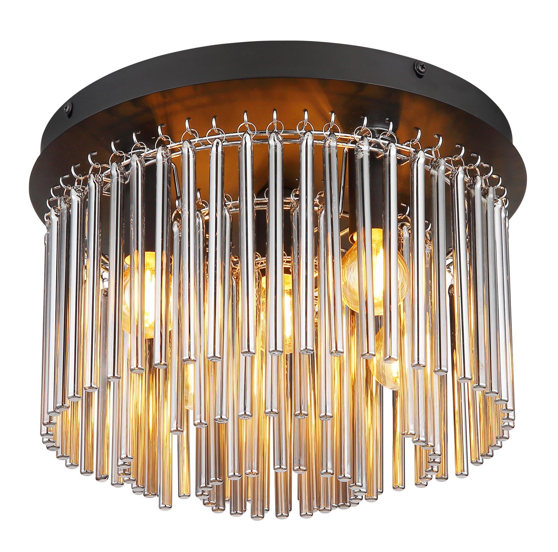Deckenleuchte GORLEY mit filigraner Konstruktion aus schwarzen Deckenplatte, Metallrahmen und rauchfarbenen Glasstäben, die das Licht streuen.