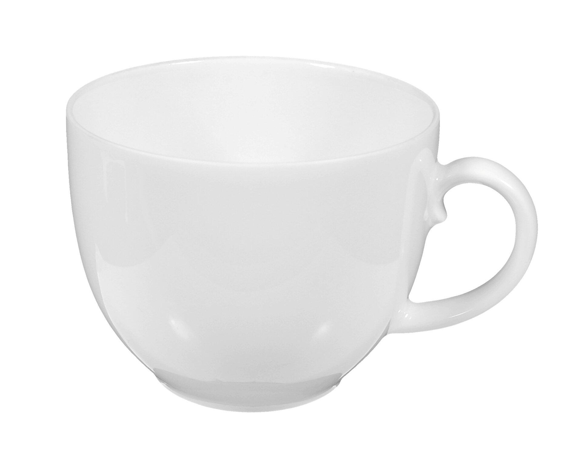 Weiße Kaffeeobertasse Rondo/Liane mit rundem, leicht konischem Korpus, breitem Rand und C-förmigem Henkel, frontal und leicht von unten fotografiert.