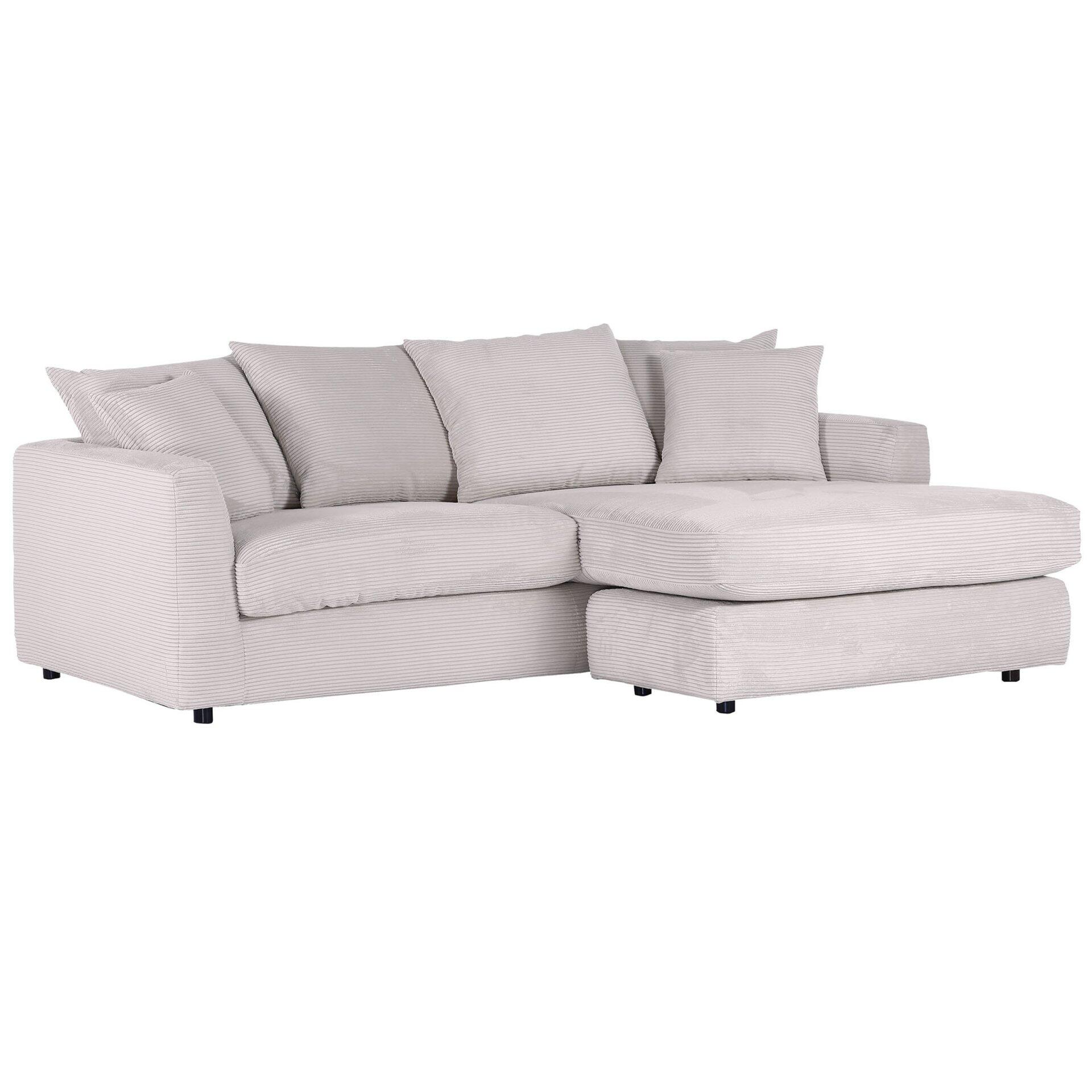 Graues Ecksofa mit Kissen auf weißem Hintergrund.