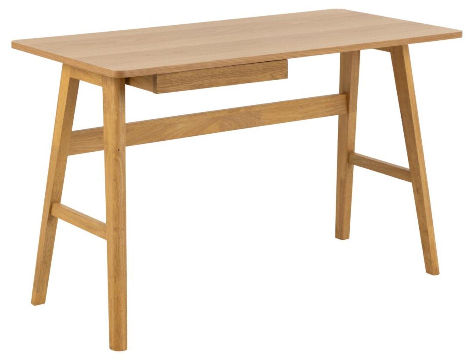 Schreibtisch Barnett mit ausziehbarer Schublade und trapezförmigen Beinen in schräger Seitenansicht.