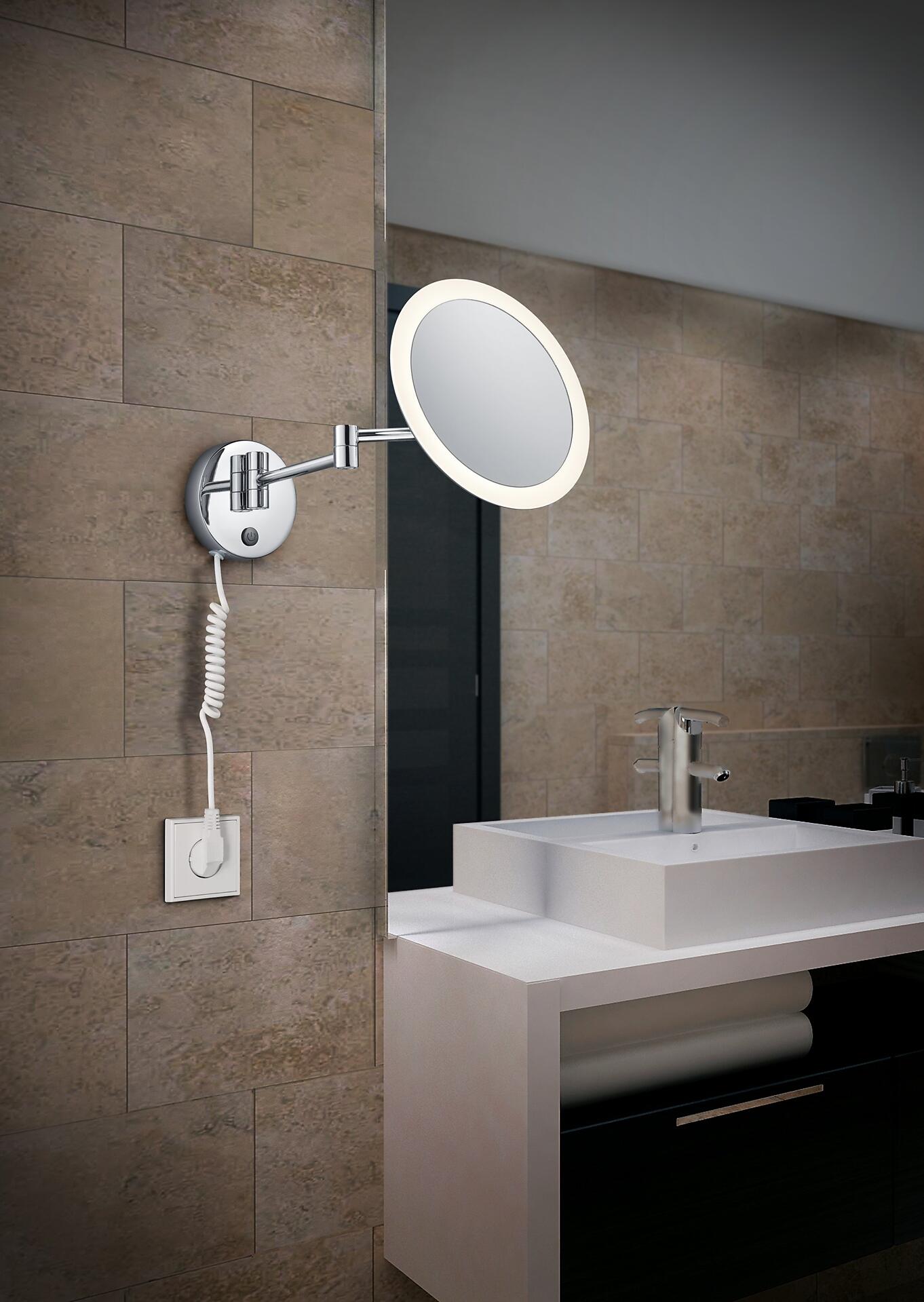 Wandleuchte View mit Touch-Funktion, dargestellt als Badezimmer-Vergrößerungsspiegel mit flexibler Armatur und LED-Ring zur gleichmäßigen Beleuchtung.