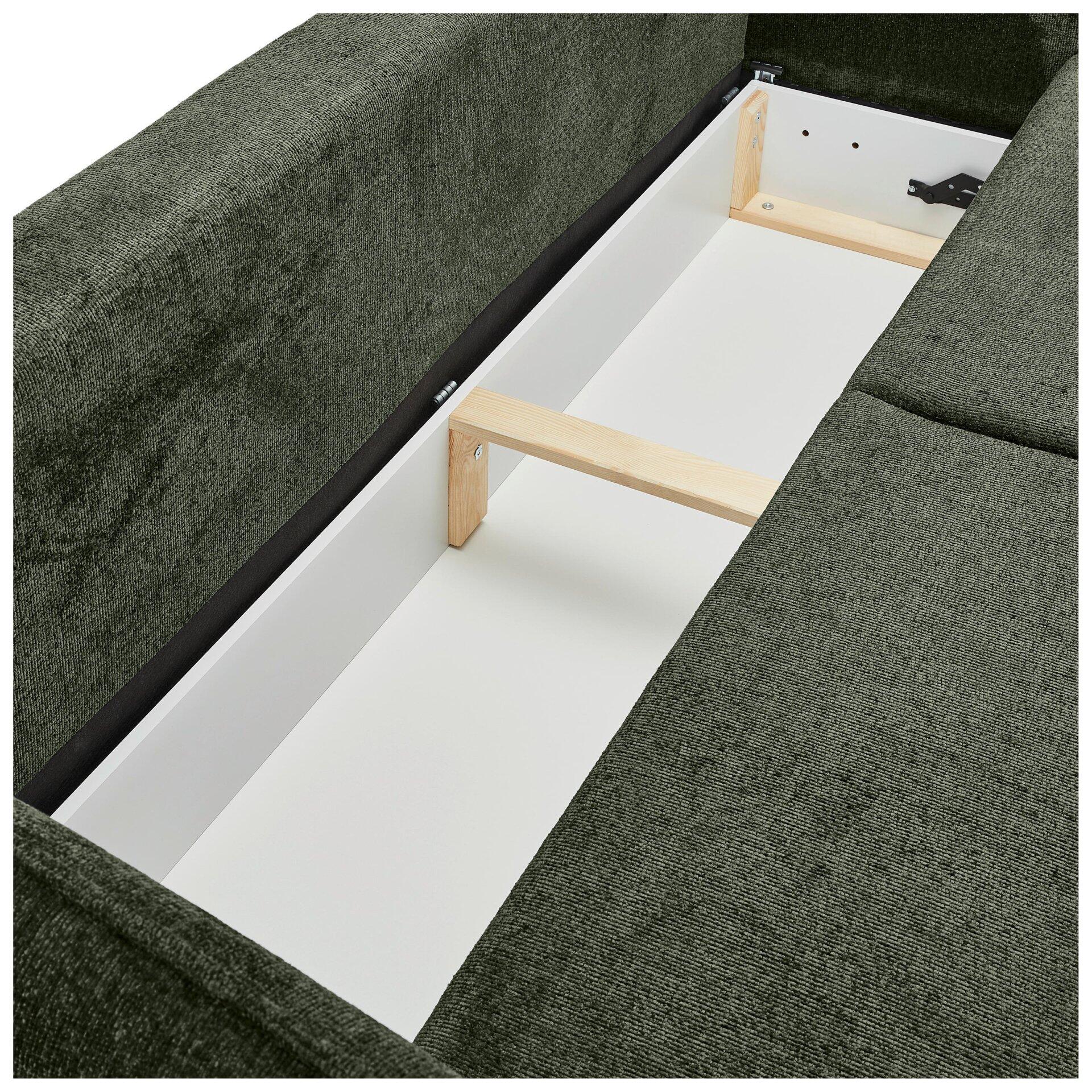 Sofa Santana mit hochgeklapptem Sitzbereich und integriertem Bettkasten, Detailansicht des Innenraums mit Holzgestell und Metallbeschlägen.