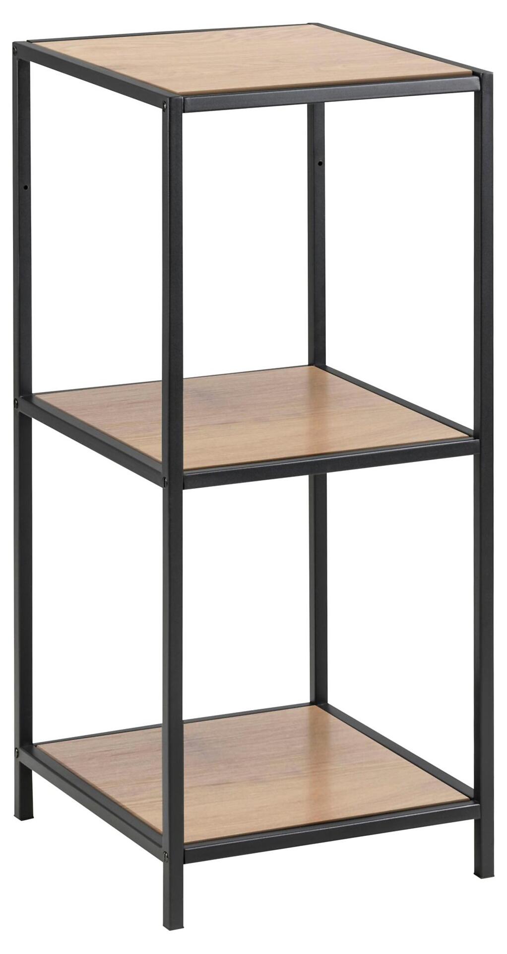 Regal Seaford, dreistöckiger Regalschrank mit schlankem, industriellem Design und versenkbaren Holzregalböden in schwarzen Metallrahmen.