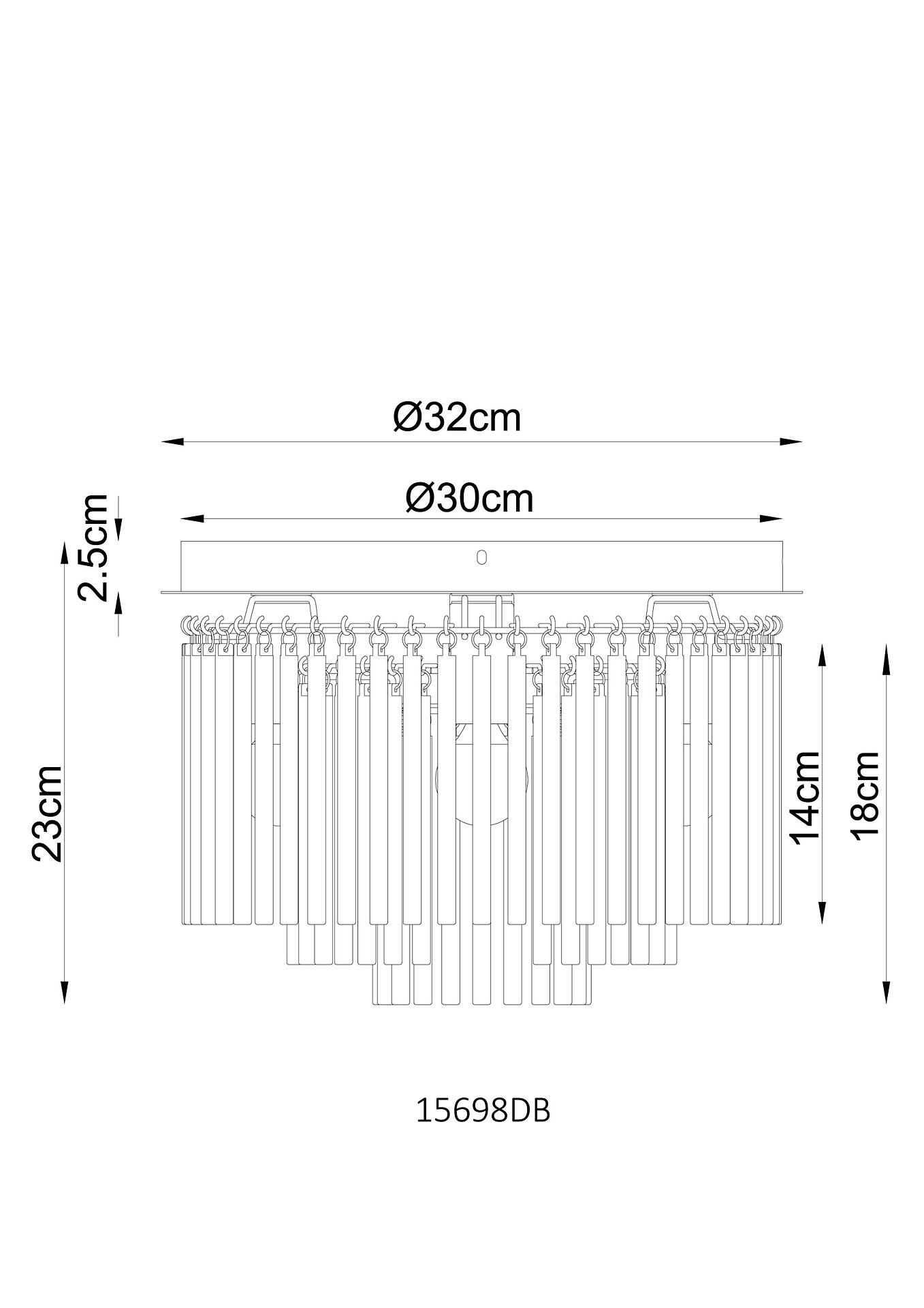Detaillierte Zeichnung der Deckenleuchte GORLEY mit filigraner Metallstruktur aus parallel angeordneten Stäben und dekorativen Elementen.