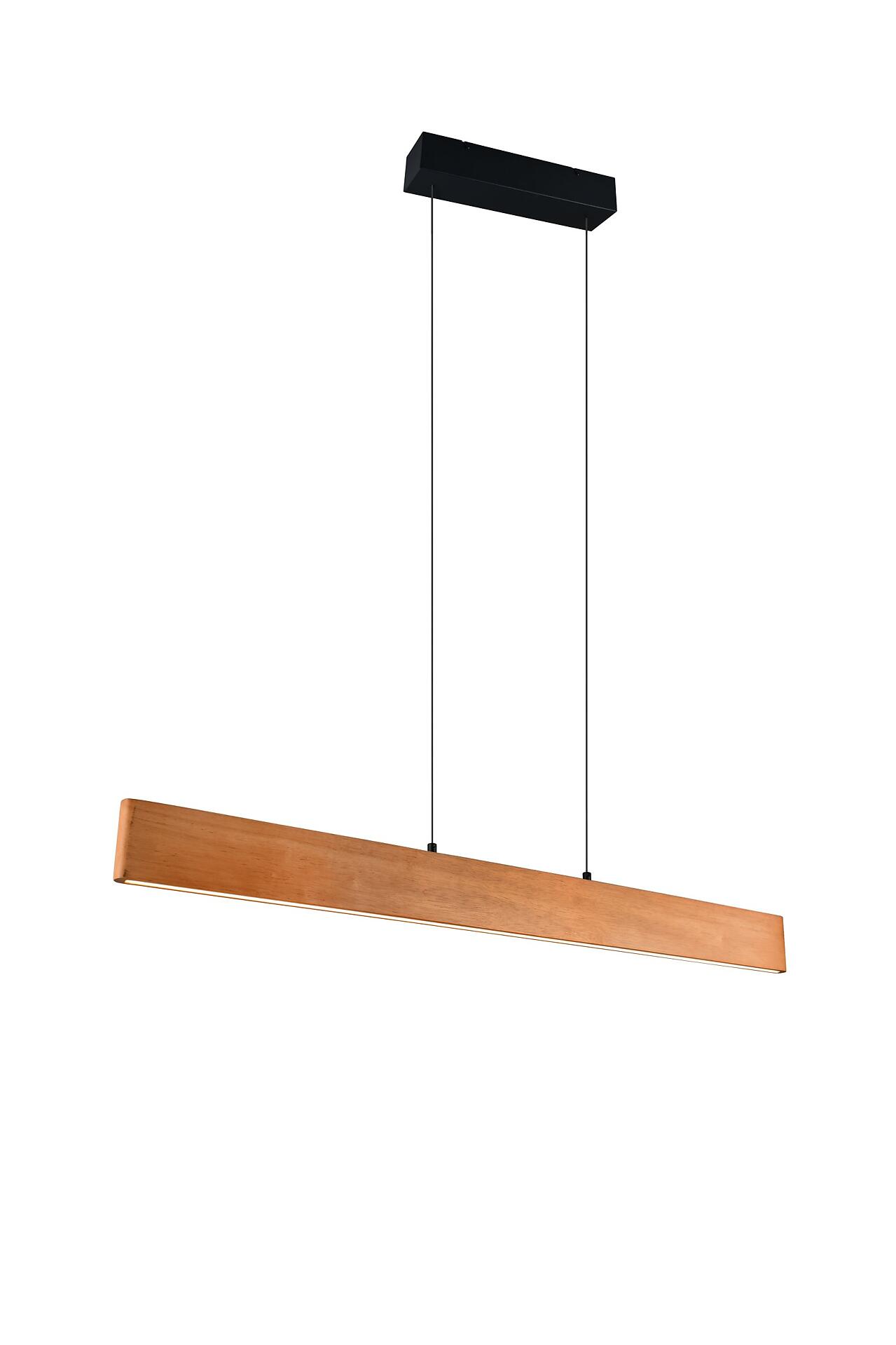 Pendelleuchte Edgewood mit rechteckigem Lampenkopf in warmer Holzoptik, umgeben von einem schwarzen Gehäuse, die an zwei Aufhängungskabeln von einem schwarzen Deckenmontageelement gehalten wird.