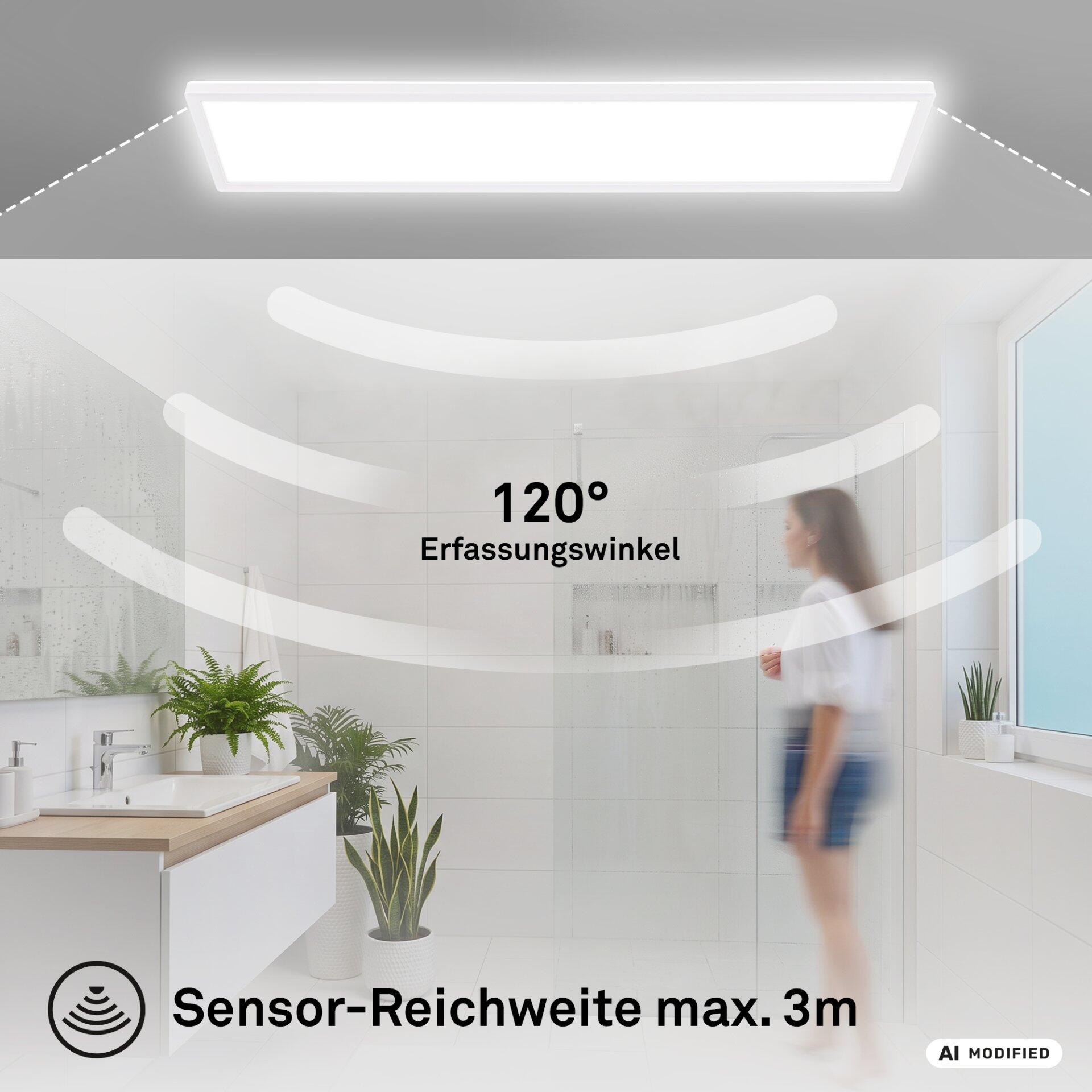 Panel Move LED-Deckenleuchte mit 120° Erfassungswinkel und 3m Sensorreichweite, dargestellt in einem modernen Badezimmerambiente.