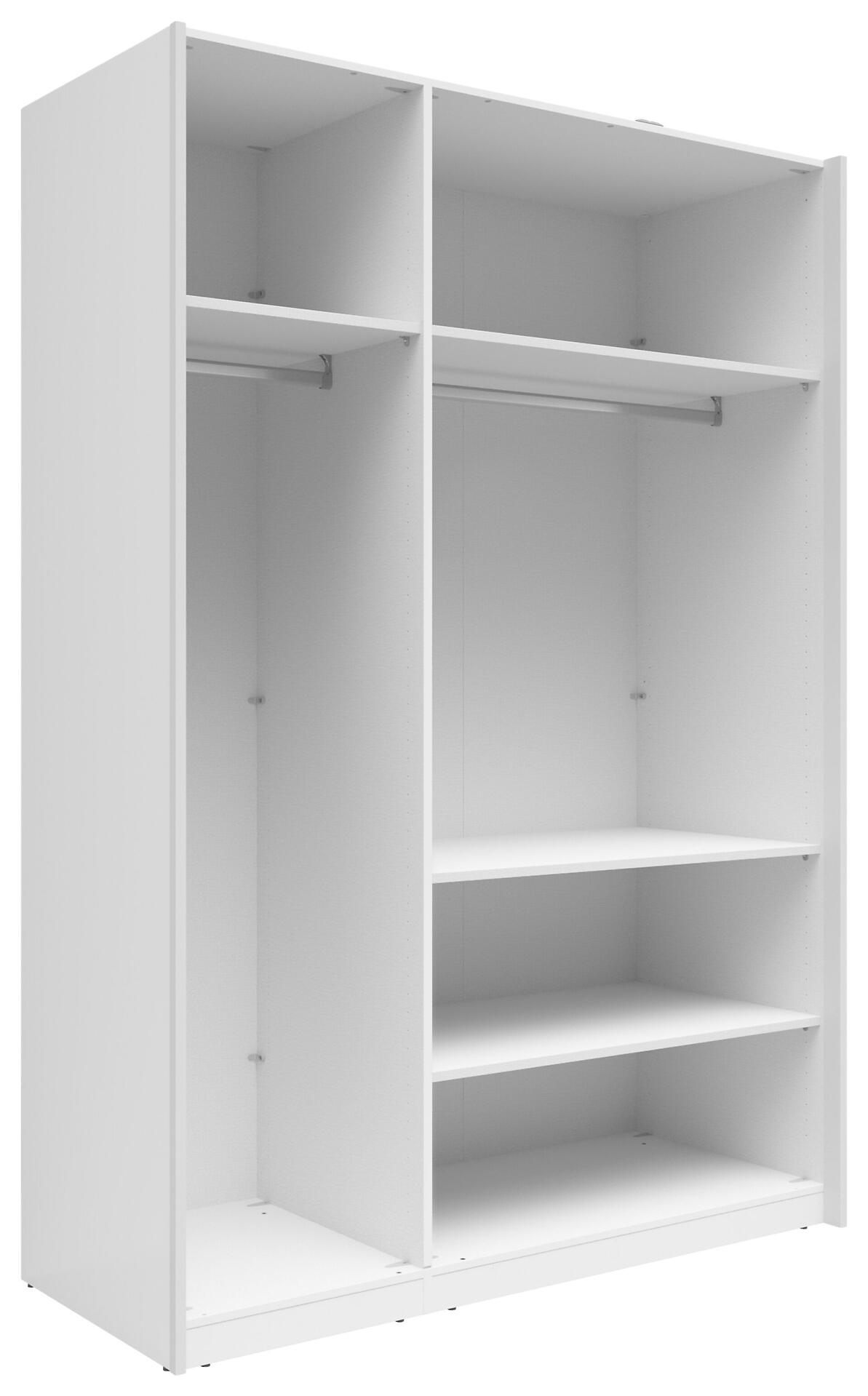 Einlegeböden Neo in einem weißen Schrank, aus der Vogelperspektive sichtbar, mit einem linken, anpassbaren Bereich und einem rechten Bereich mit drei Einlegeböden und einer Kleiderstange.