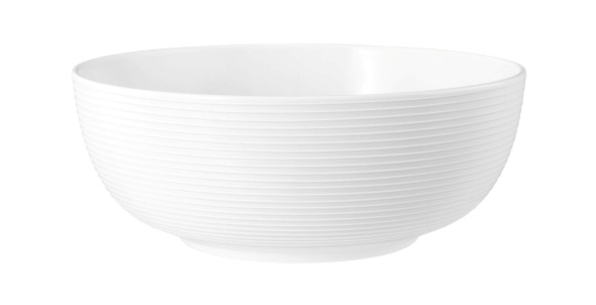 Weiße Foodbowl Beat mit strukturierten horizontalen Rillen an der Außenwand und leicht gewölbtem Boden, dargestellt in einer Dreiperspektive.
