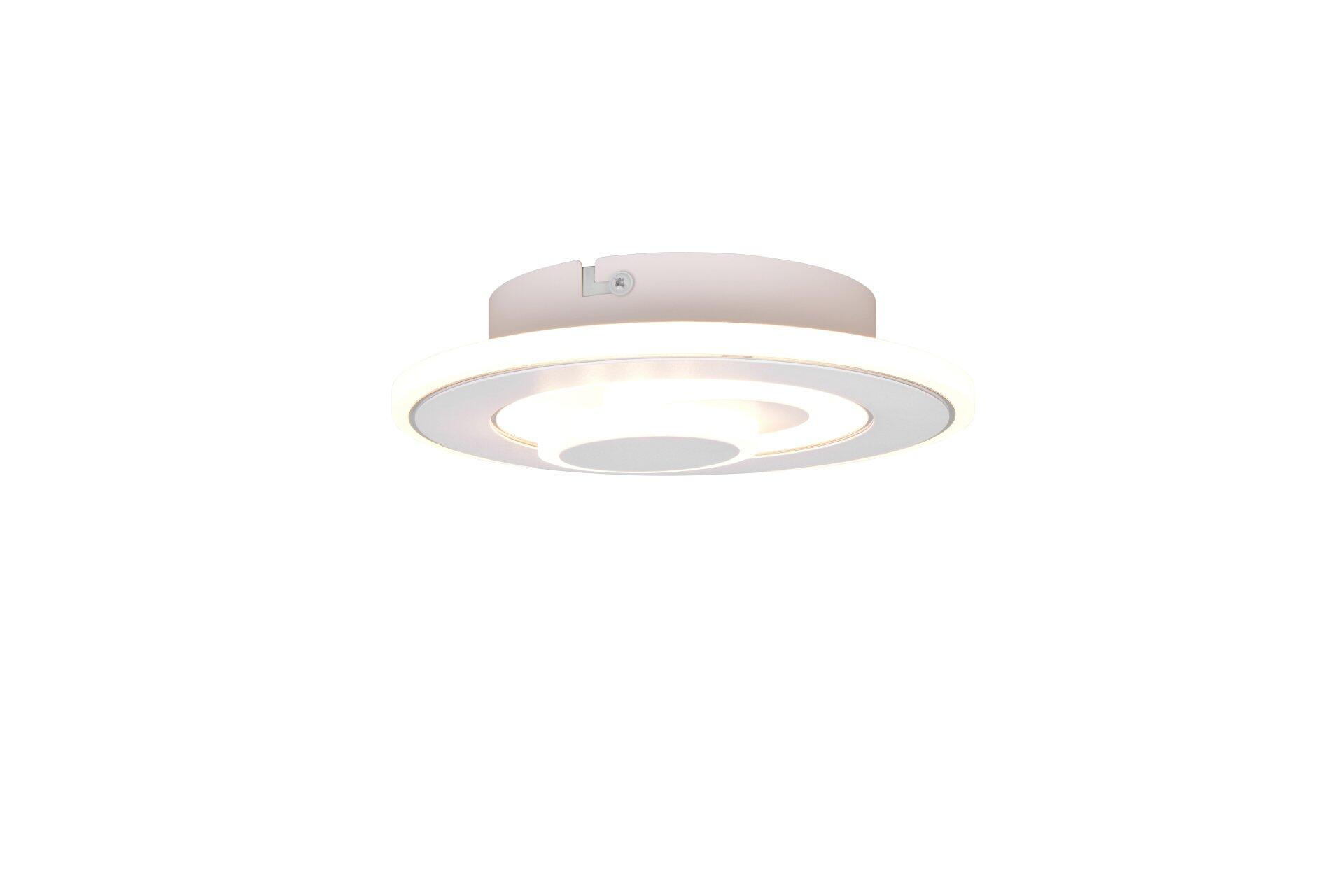 Deckenleuchte Tamaro mit mehrschichtiger, weißer Designleuchte und Bedienelement zur Helligkeitsregulierung, aus Frontalperspektive.