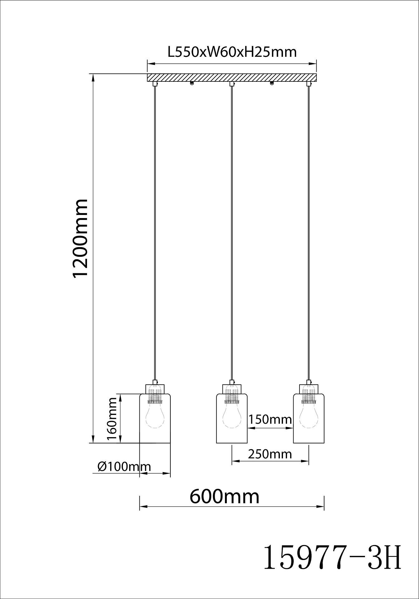 Schematische Frontalansicht der Hängeleuchte ROWENA mit drei zylindrischen Lampenkörpern unterschiedlicher Größe und Deckenplatte mit Maßangaben.