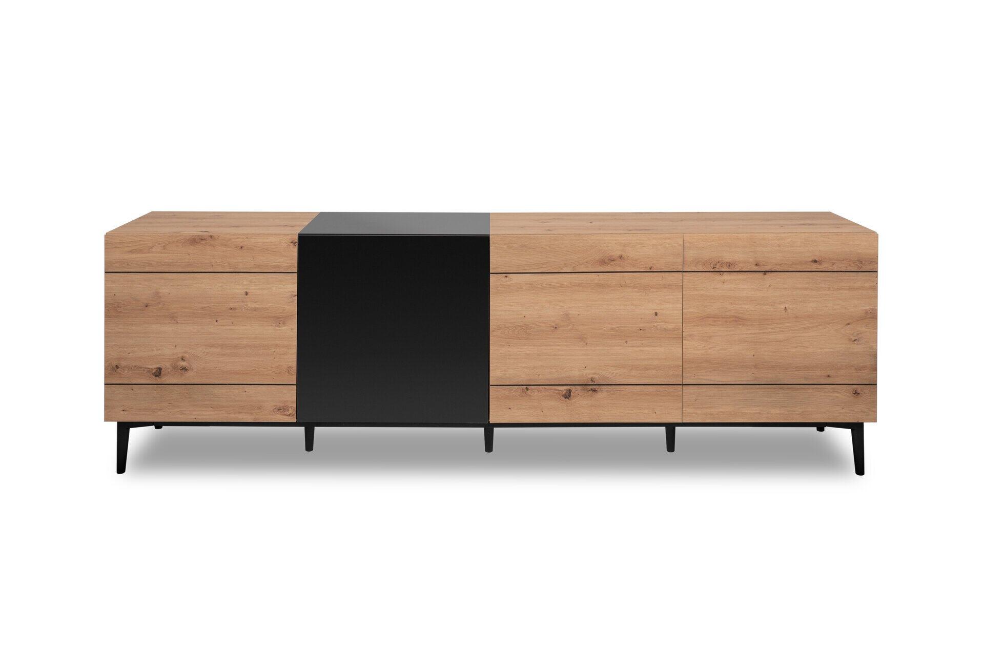Lowboard Nola 57A mit vier Türen, acht Fächern und schwarzen Füßen, aus der Vogelperspektive sichtbar mit Blick auf die Kombination aus Holzoptik, schwarzen Details und drei Schubladen.