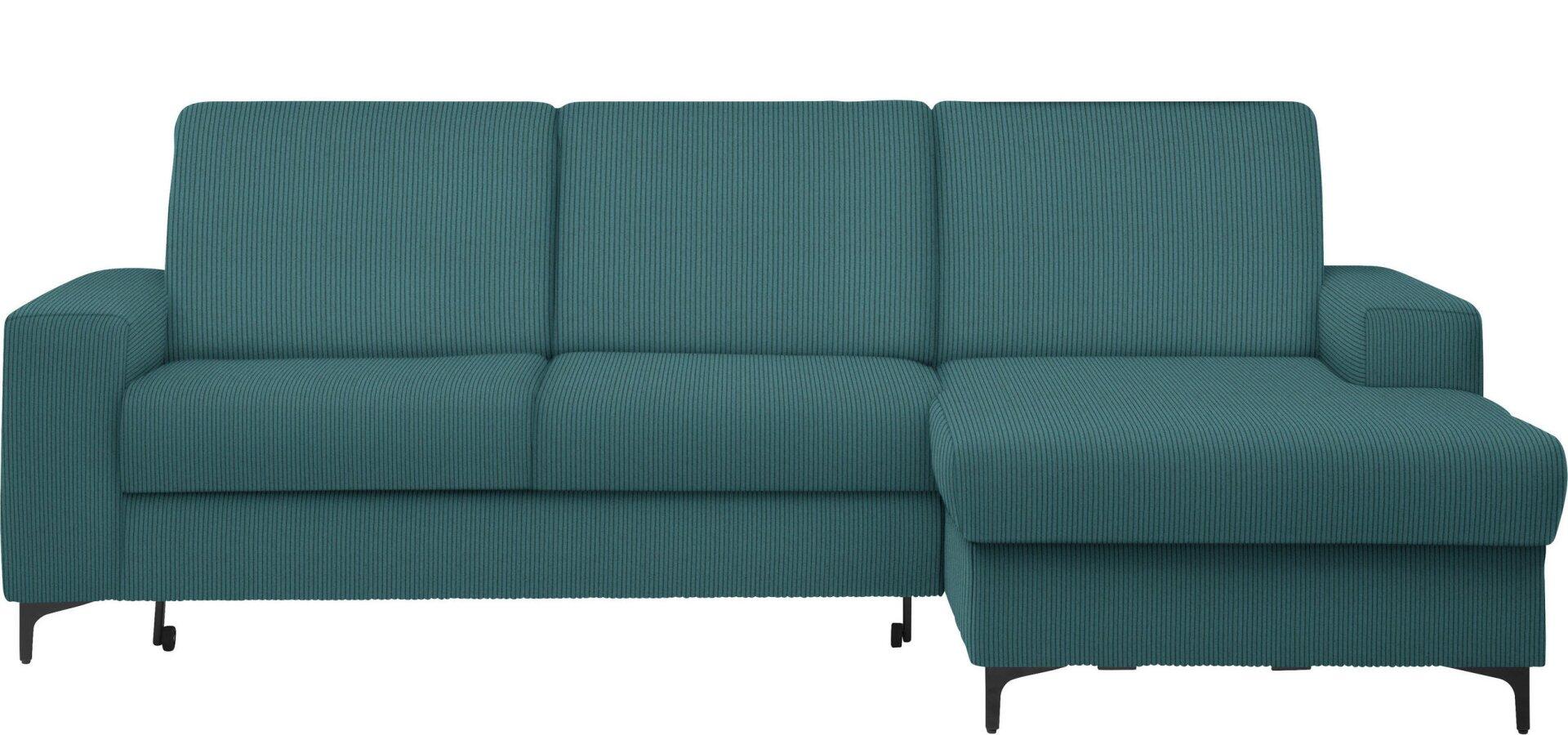 Ecksofa Balina mit Winkelfüßen in Schwarz, gezeigte Frontalperspektive mit ausgeklapptem Eckelement, das eine Schlaffunktion demonstriert.