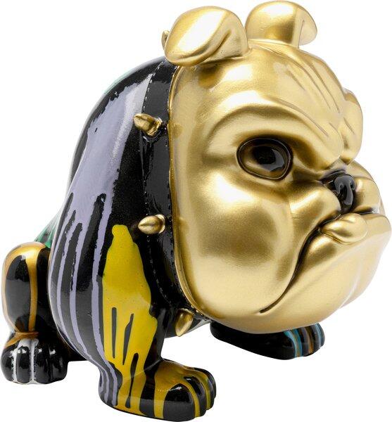 Goldene Spardose Mad Dog, detailreicher Bulldoggen-Kopf im Profil aus ungewöhnlicher Perspektive mit schwarzen Akzenten.