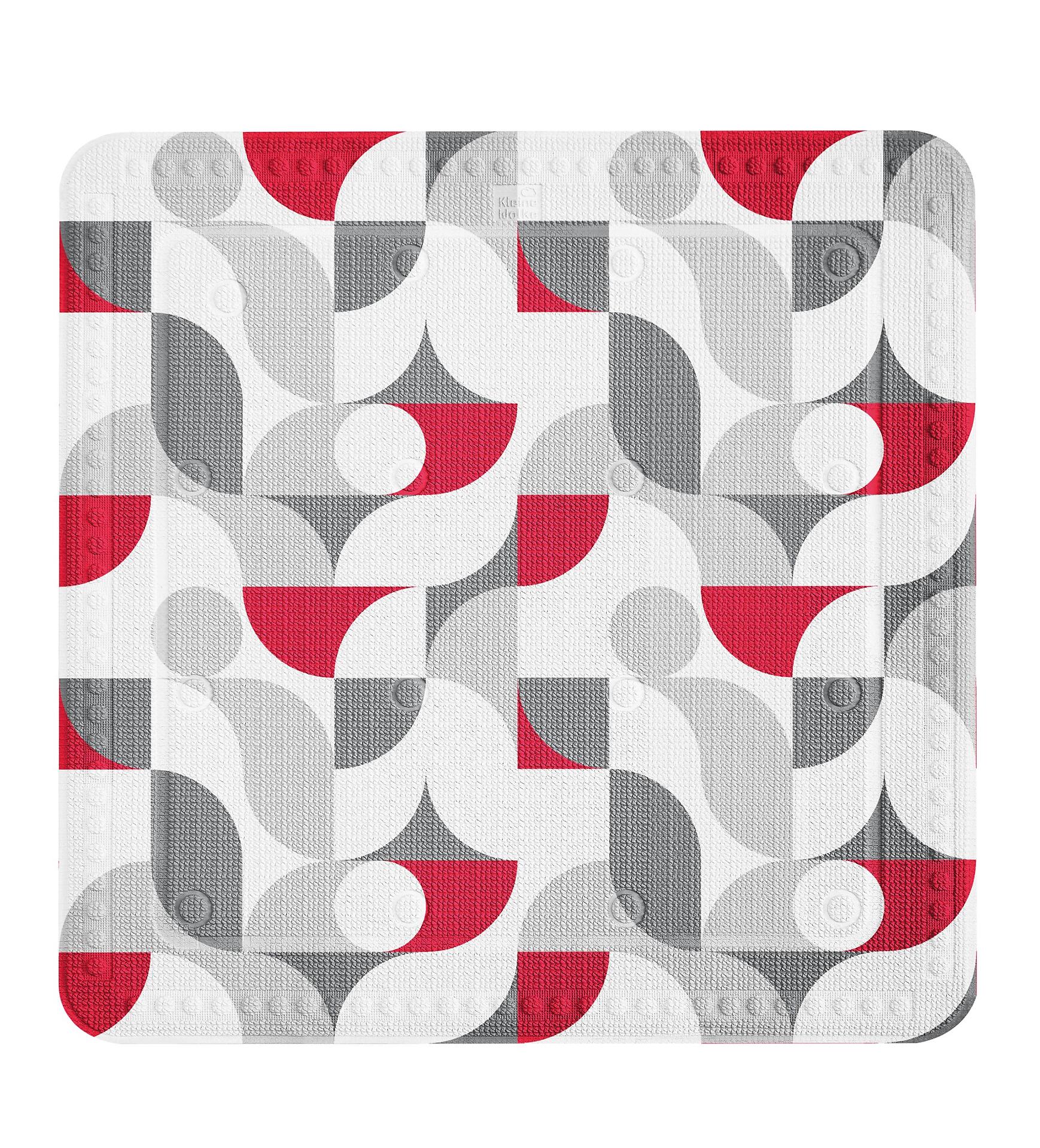 Nahaufnahme der geometrischen Oberfläche der Duscheinlage Tess mit weißen, grauen und roten Halbkugeln in Rasteranordnung.