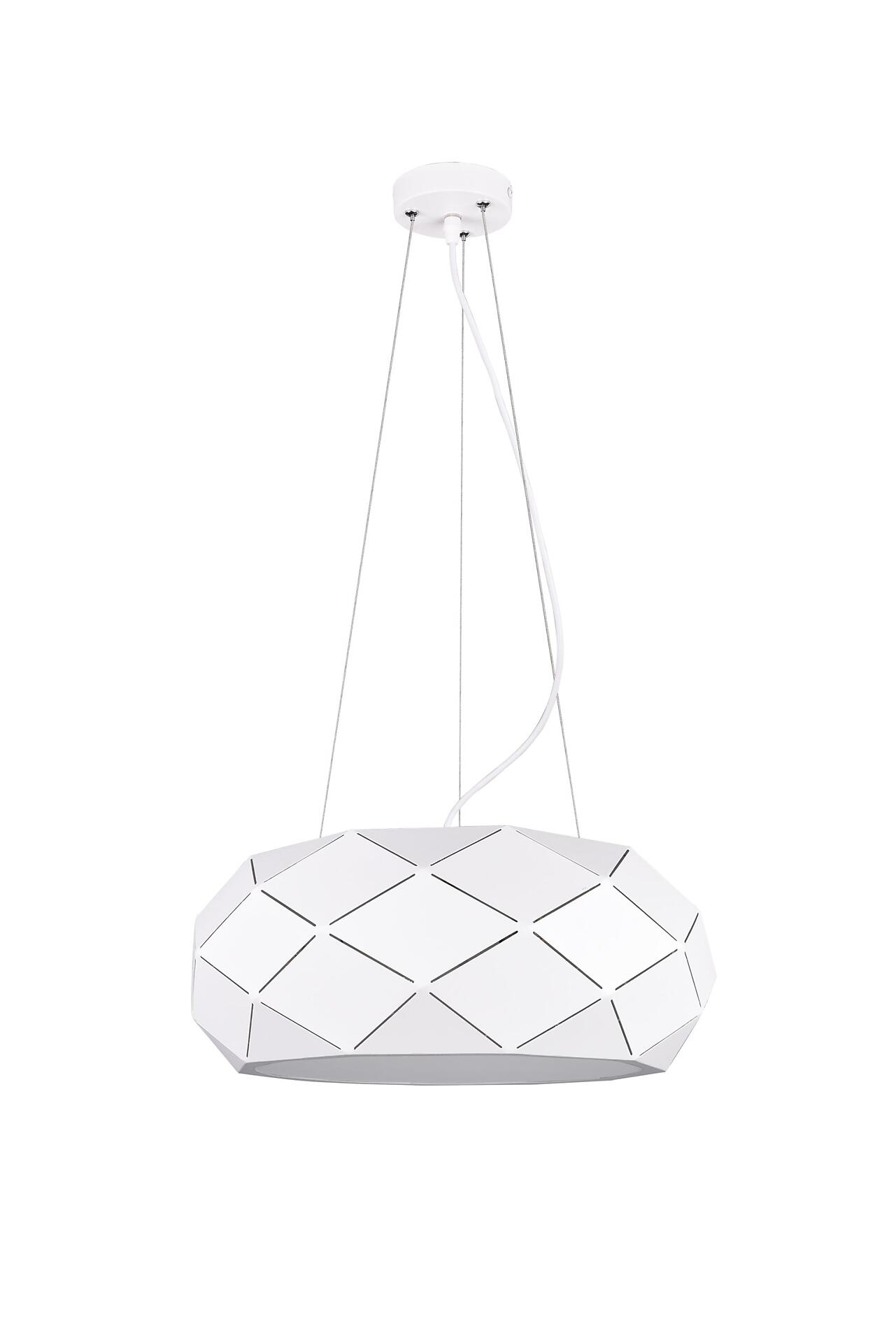 Pendelleuchte Zandor mit geometrischer, ananasartiger Form aus weißen Elementen, die über einem Esstisch in einem modernen Interieur hängt.