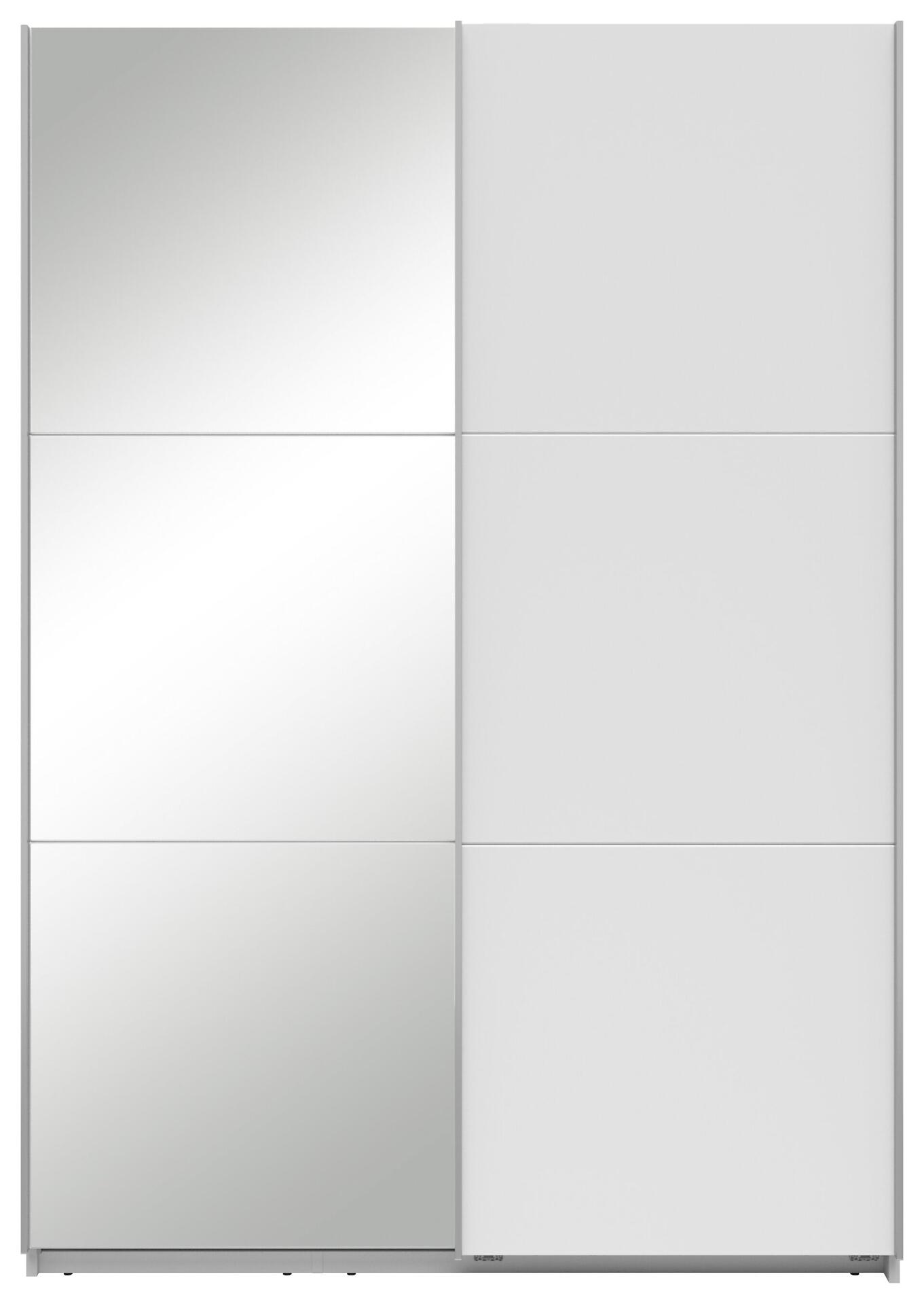 Schwebetürenschrank Neo mit weißem Dekor und verspiegelter Glasfläche, dargestellt in frontaler Perspektive.