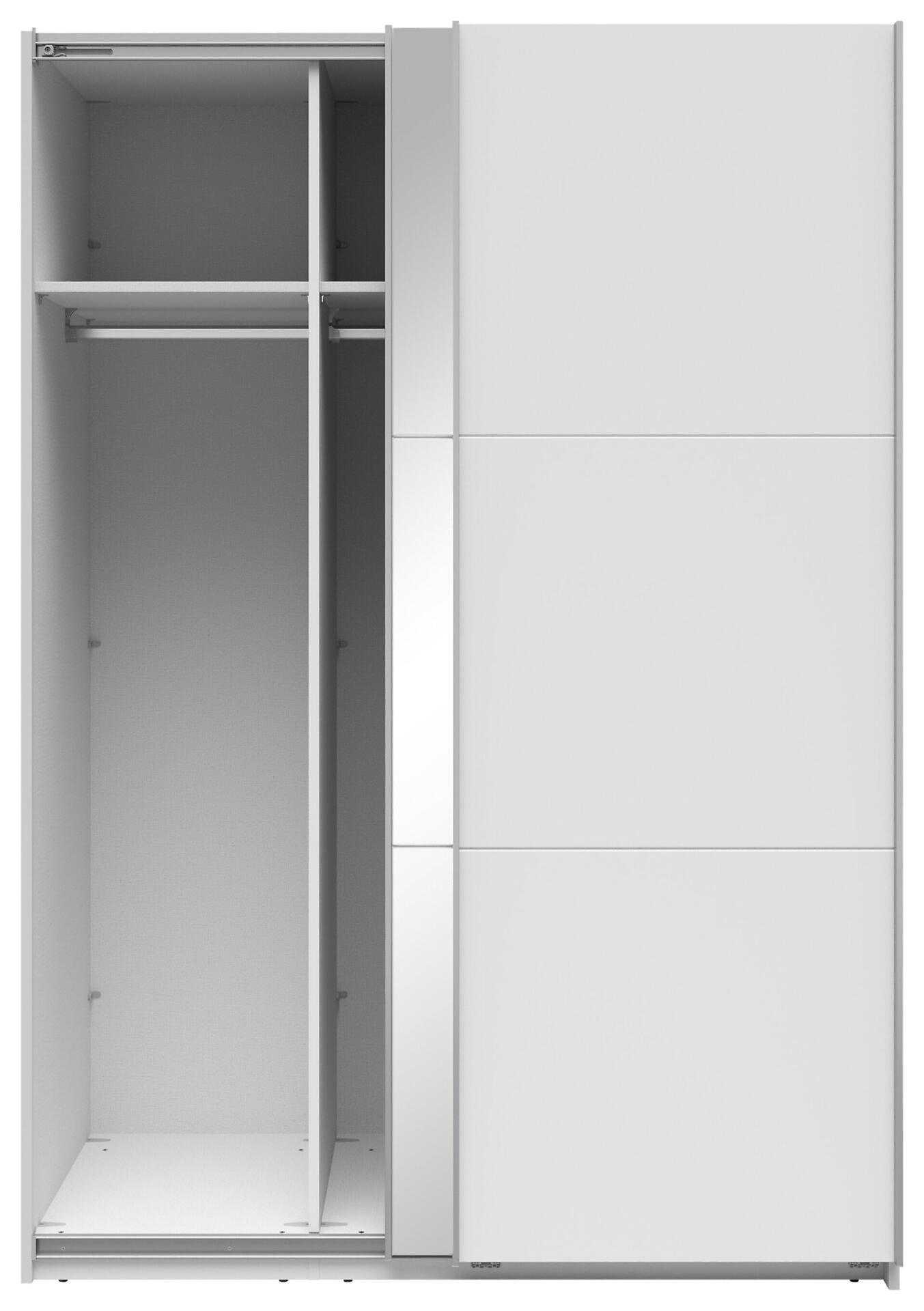 Schwebetürenschrank Neo mit zwei Türen, die nach links und rechts gleiten, mit weißer Front und integrierten Spiegelbereichen, inklusive Innenansicht mit Regalböden und Kleiderstange.