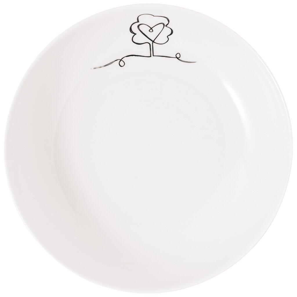Weißer Teller "Family, Statement Lines" von Villeroy & Boch mit verspielter Herz-Baum-Zeichnung aus der Vogelperspektive.