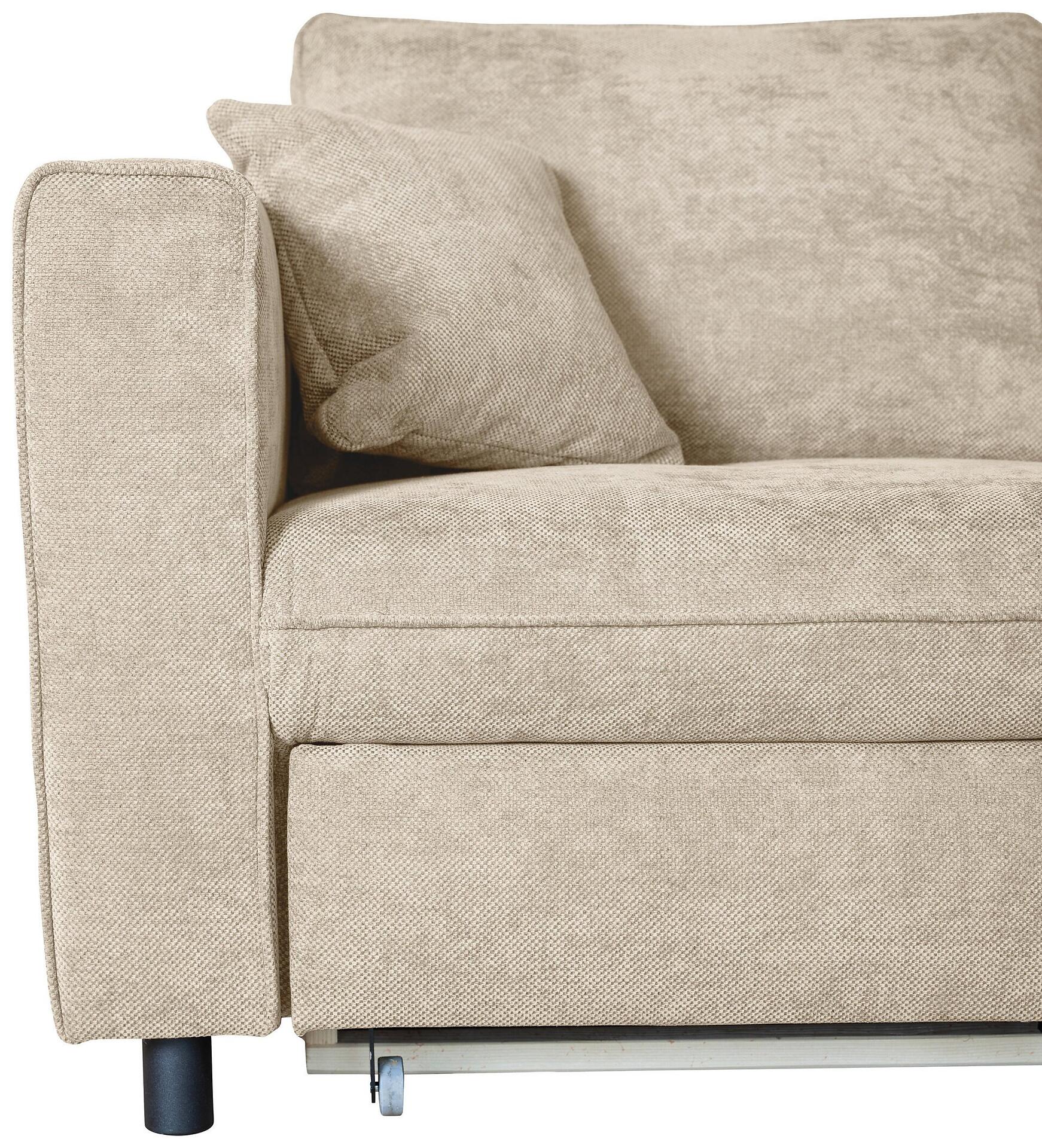 Ecksofa Tokyo mit klappbarer Rückenlehne und sichtbaren Metallmechanismen für die Ausziehfuntion, stehend auf schwarzen, pulverbeschichteten Füßen.
