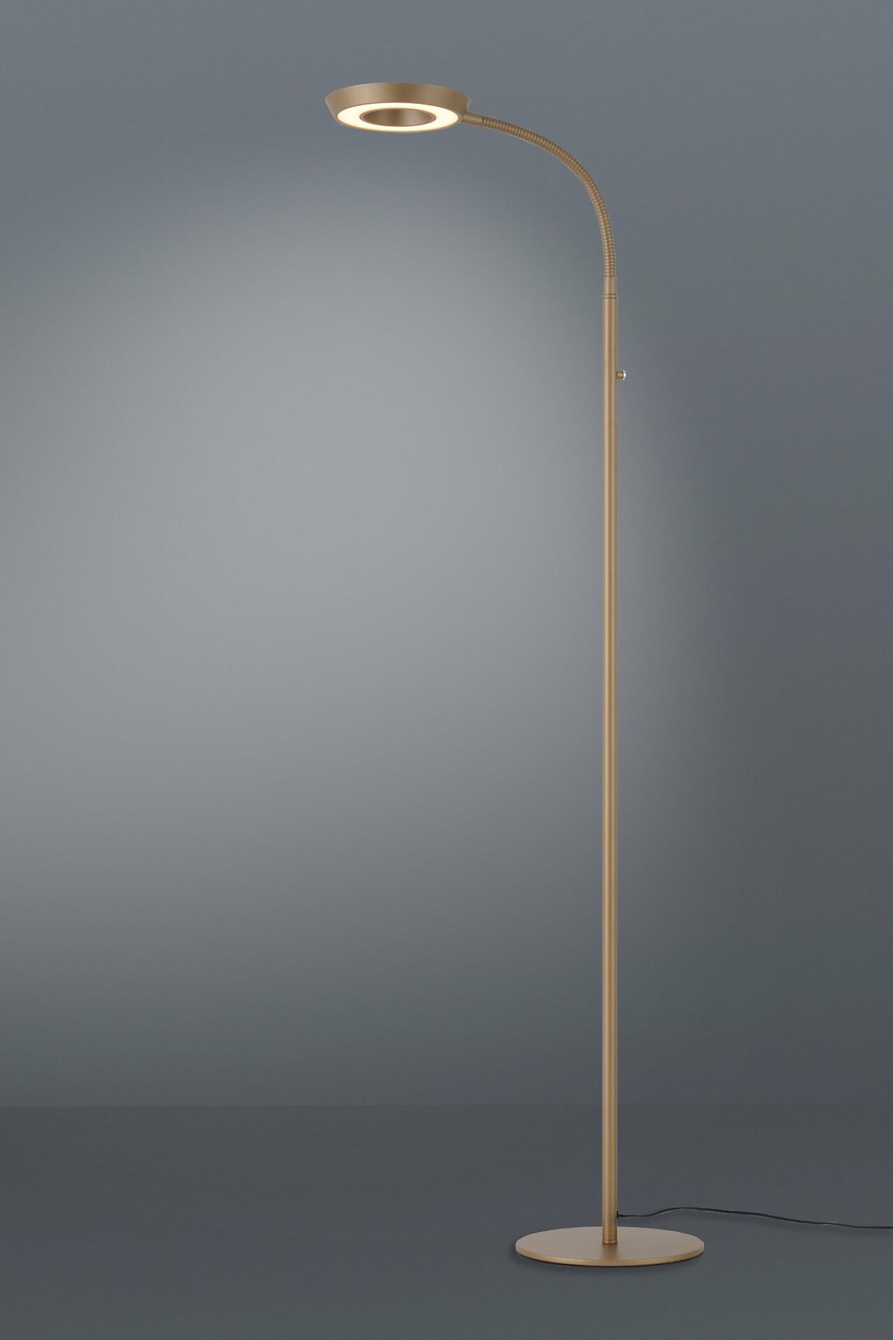 Leseleuchte Smart mit flexiblem Arm und verstellbarer Leuchte, die aus einer runden Basis und einem goldenen Metallfuß ragt.
