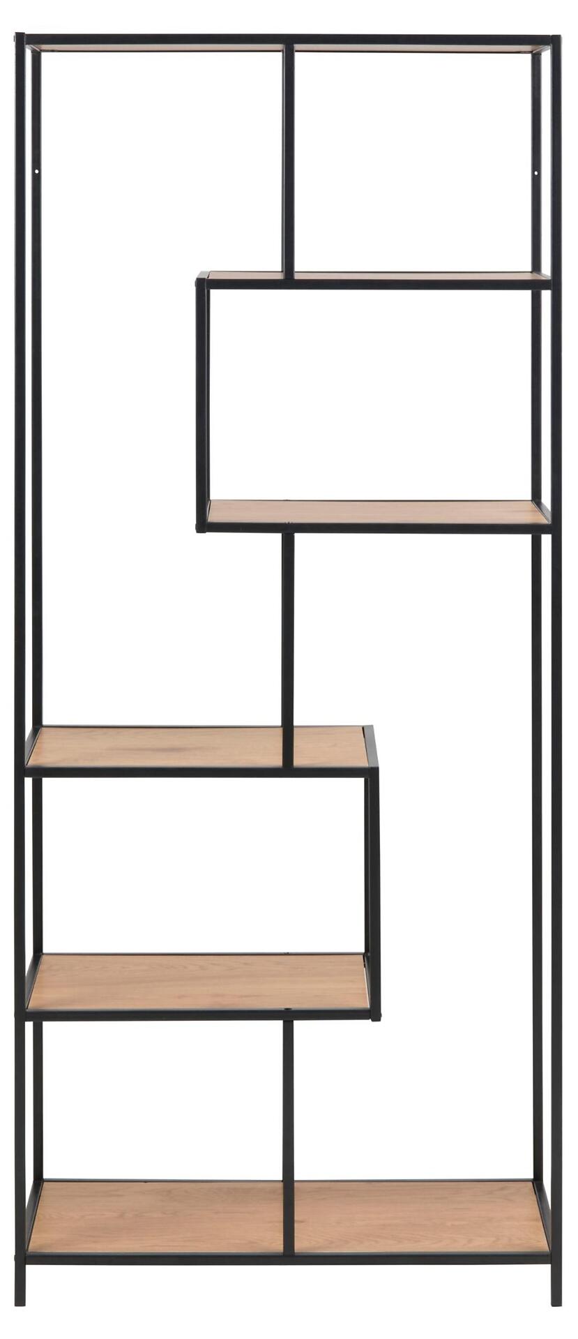 Freistehendes Regal Seaford mit schwarzem Metallrahmen und vier Regalböden in heller Holzoptik, das asymmetrisch detailliert und frontal dargestellt ist.