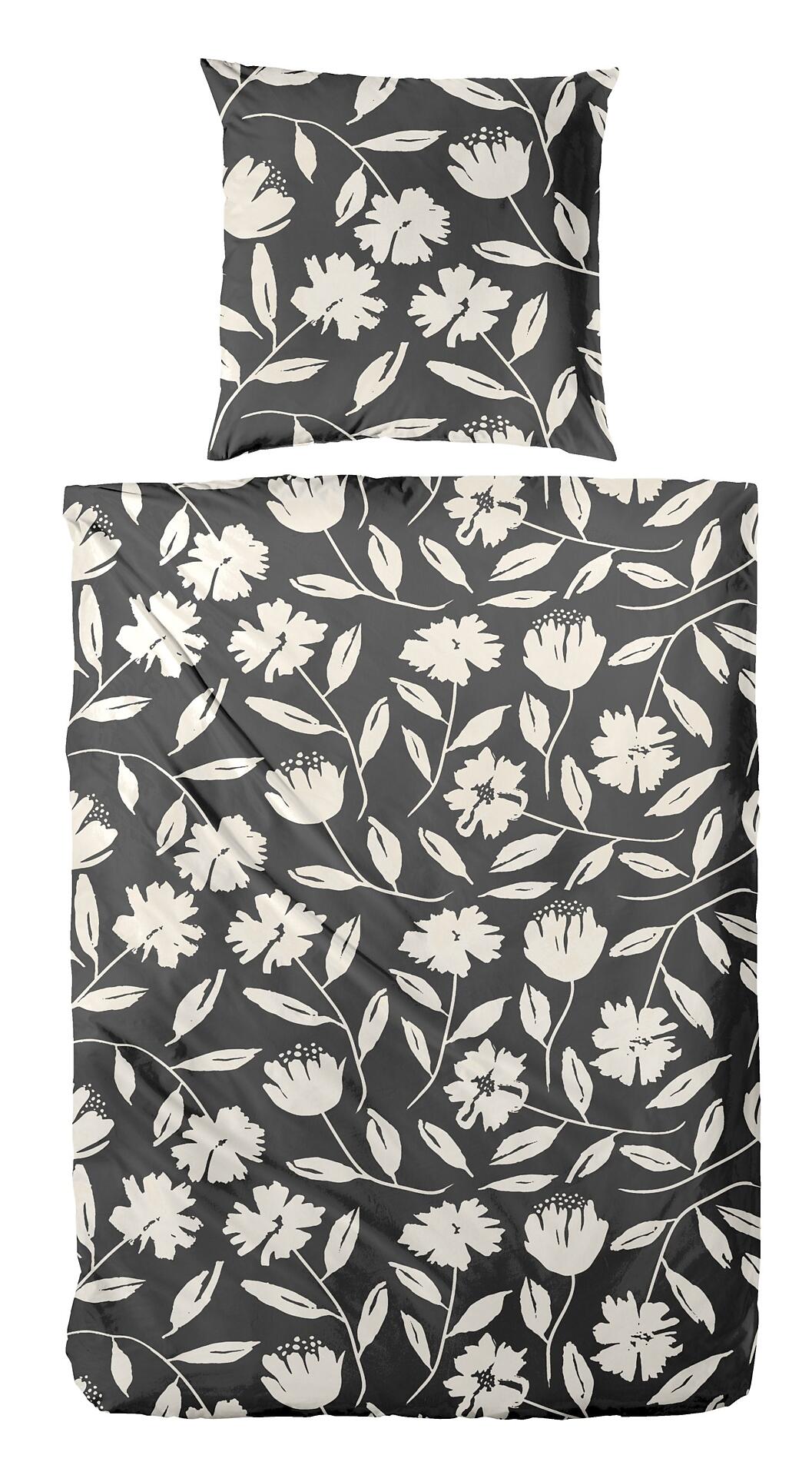 Graue Perkal-Bettwäsche aus Baumwolle mit stilisiertem Blumenmuster und Reißverschluss, Detailaufnahme von oben.