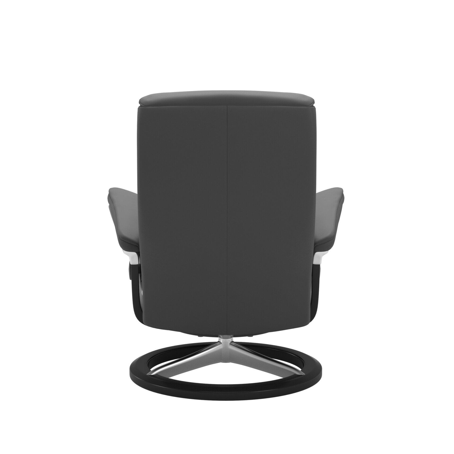 Relaxsessel Nordic in Grau mit fußlosem Drehstuhlgestell aus gebürstetem Silber, die ergonomische Formgebung mit leicht gewölbter Rückenlehne und verstellbarer Kopfstütze zeigt.