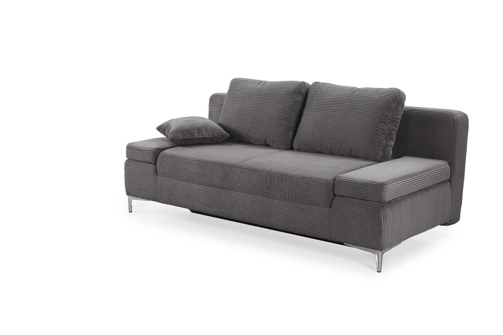 Graues Schlafsofa Jano mit Cordbezug, chromfarbenen Füßen und zwei Zierkissen, aus leicht erhöhter Perspektive zur Darstellung der Sitzfläche und des Rückens.
