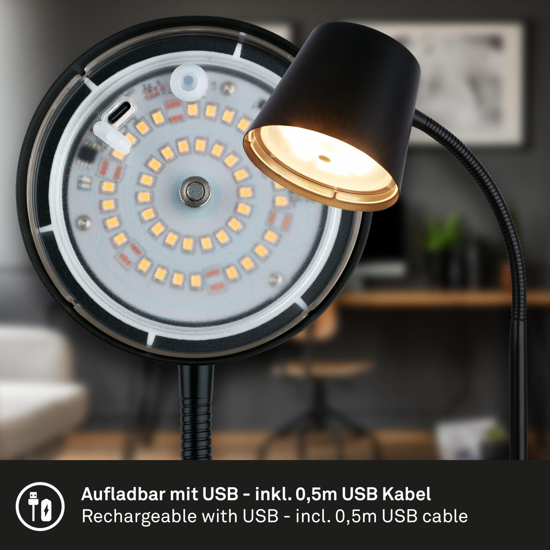 Tischleuchte Biwo mit flexiblem, schwarzem Arm und rundem, weißem Lampenkopf, der warmes Licht abgibt und deren Funktion durch den einstellbaren Arm betont.