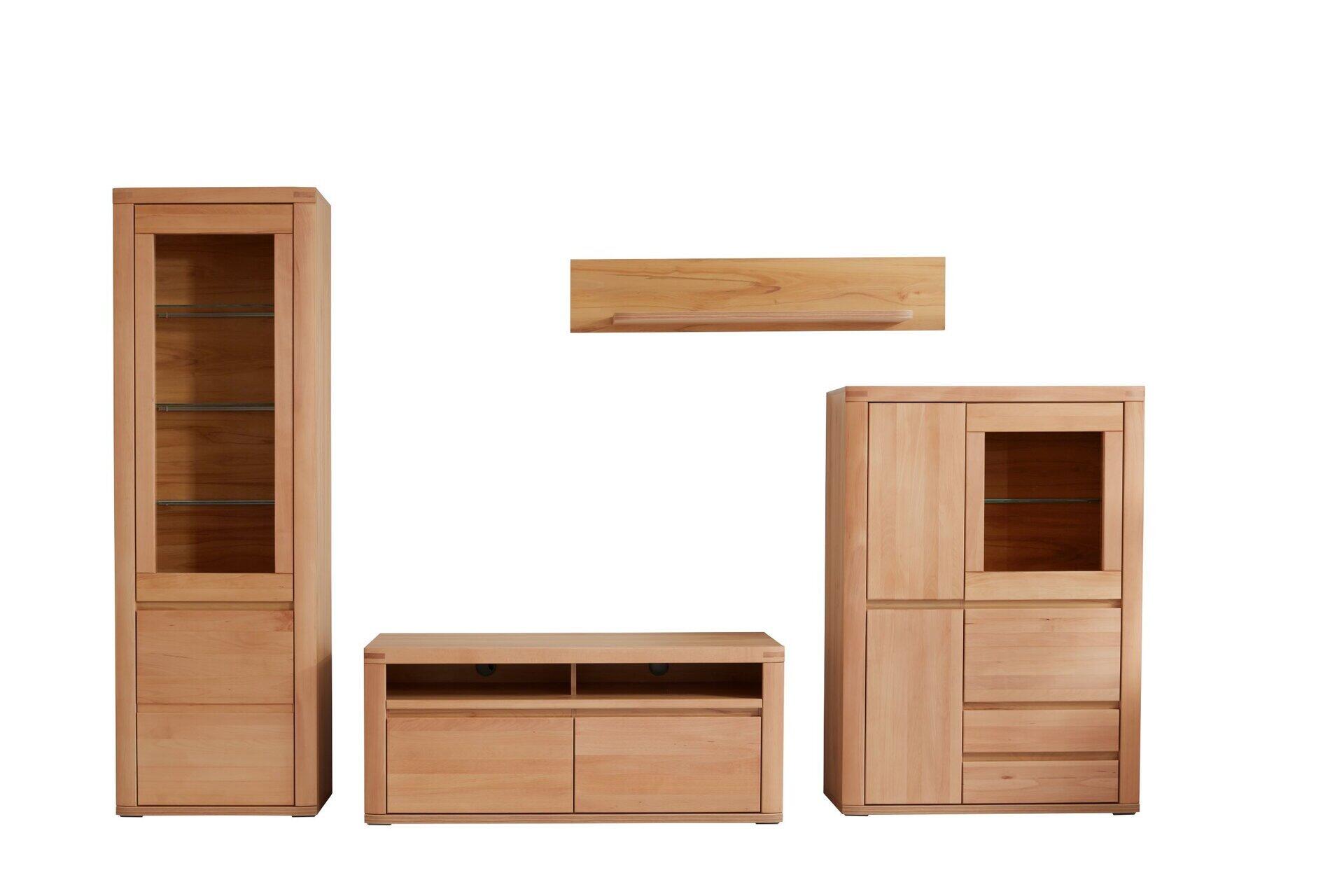 TV-/Wohnlösung Timos: Ensemble aus Highboard mit Glastüren und Regalböden, TV-Lowboard mit Schubladen und Anschlüssen sowie Schrank mit Holztür und Schubladen.