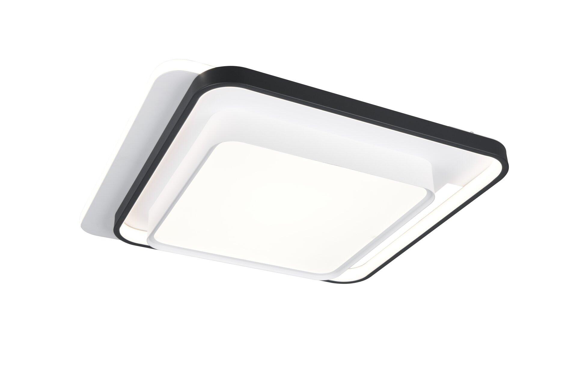 Deckenleuchte Ceru mit quadratischem Design und stufenlos einstellbarer Lichtfarbe, aufgenommen aus einem schrägen Blickwinkel, der die dreidimensionale Struktur betont.