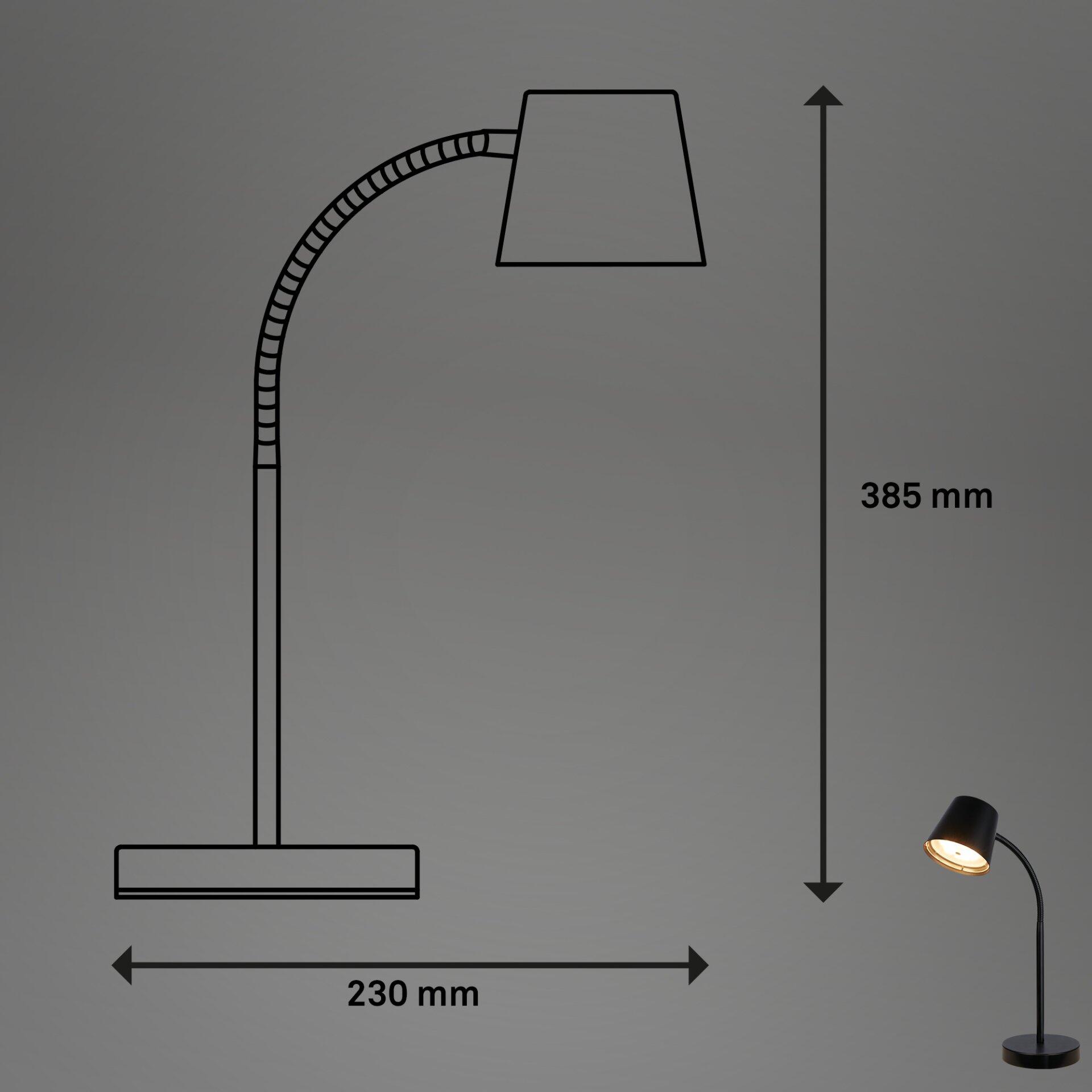 Tischleuchte Biwo mit gebogenem Lampenschirm, flexiblem Arm und Touchdimmer, abgebildet mit den Maßen 385 mm Höhe und 230 mm Breite.