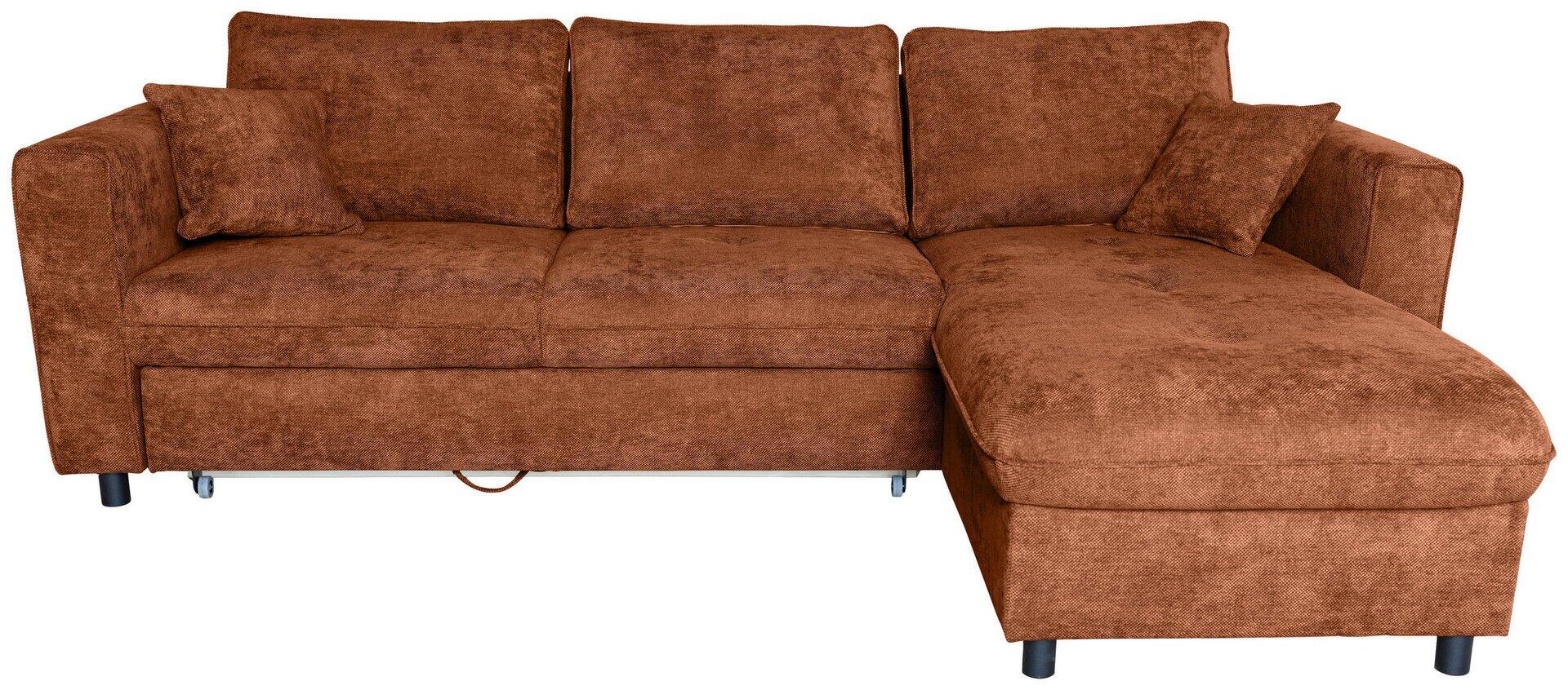 Ecksofa Tokyo in braun-rot mit ausgezogenen Liegefläche und hochgestellten Rückenlehnen, das die komfortable Schlaffunktion und die seitliche Montageoption verdeutlicht.