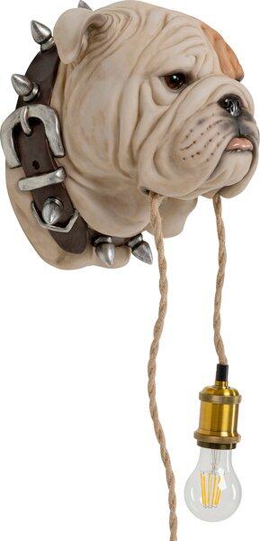 Dekorative Wandleuchte Animal Dog Head in Form eines Bulldoggenkopfes mit Halsband und Edison-Glühbirne, dargestellt aus Frontalperspektive.