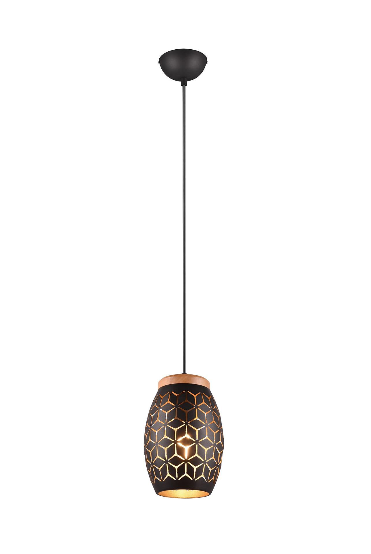 Pendelleuchte Bidar mit konischem Lampenschirm in Schwarz und Gold mit geometrischem Sternmuster und Holzoptik-Element.
