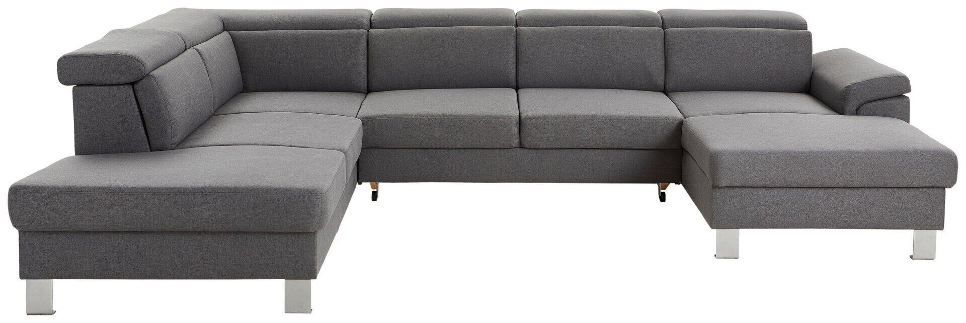 Wohnlandschaft Tim mit U-Form, silberfarbenen Metallfüßen, abgetrennter Liegefläche und ergonomisch schrägen Rückenlehnen.