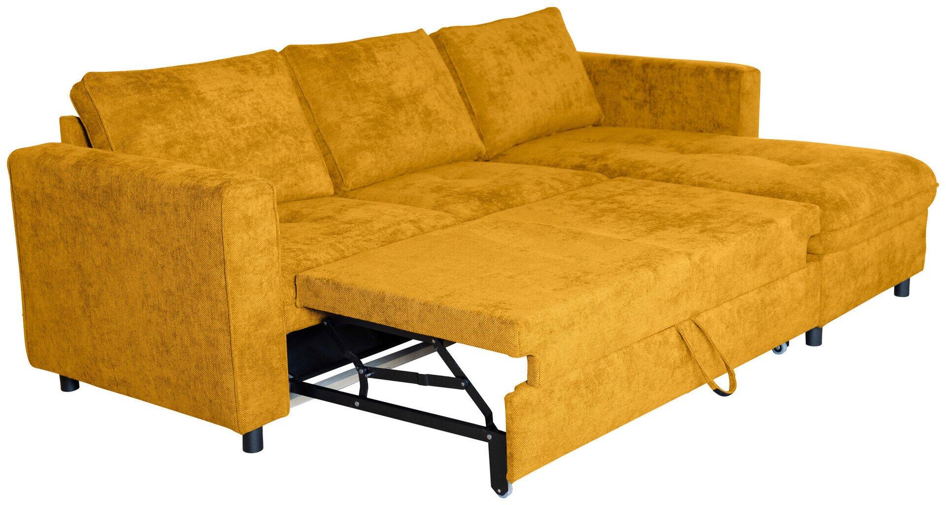 Ecksofa Tokyo in gelb, gezeigt in dreiviertel Ansicht mit ausgeklapptem Schlafbereich und sichtbarem Stahlrahmen-Mechanismus inklusive Tragegriff.