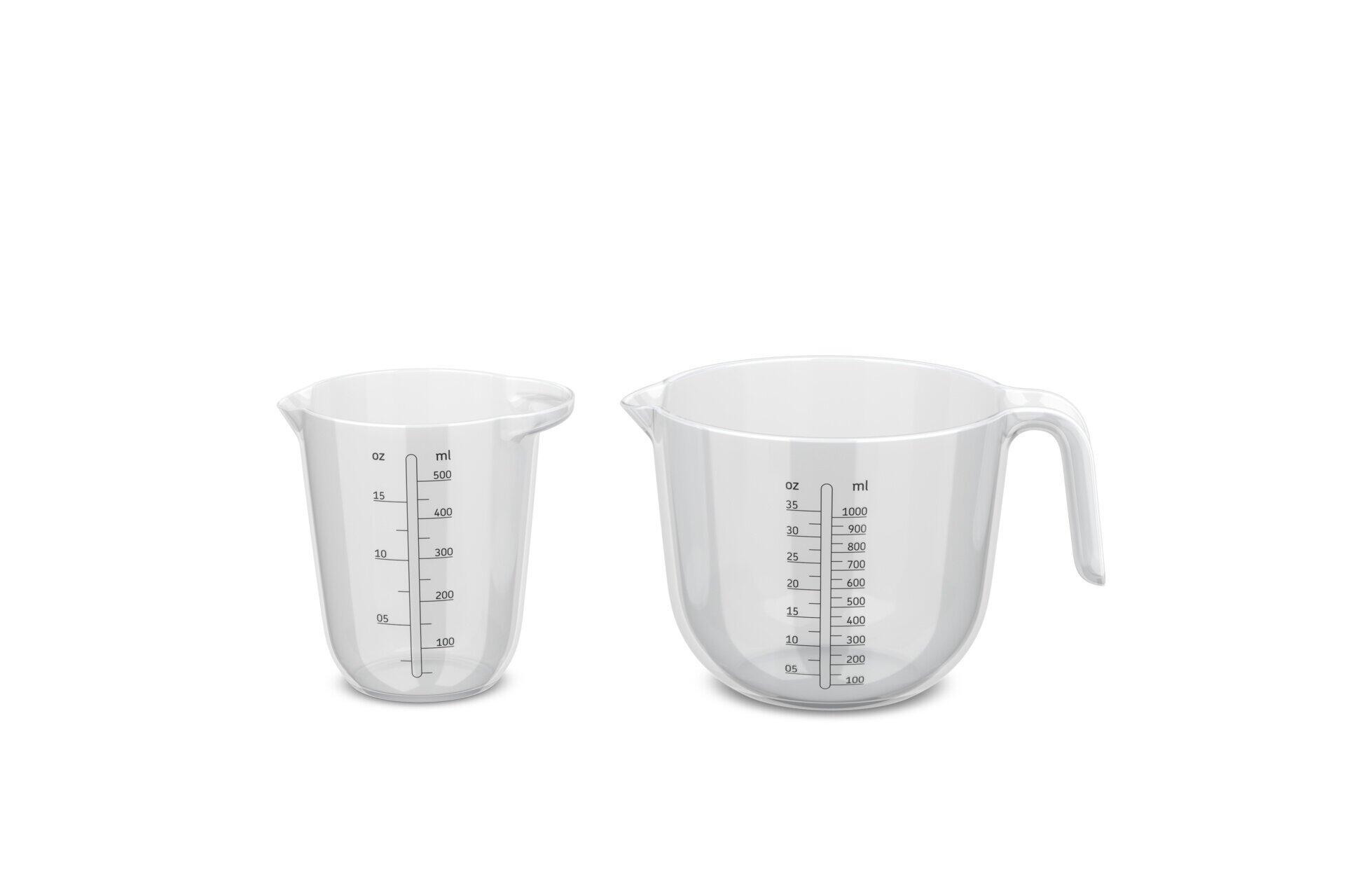 Promoset Chef it Messbecher: Zwei konische Messbecher aus transparentem Kunststoff mit Henkel und Milliliterskala (0-100 ml), einer von vorne, die andere seitlich dargestellt.