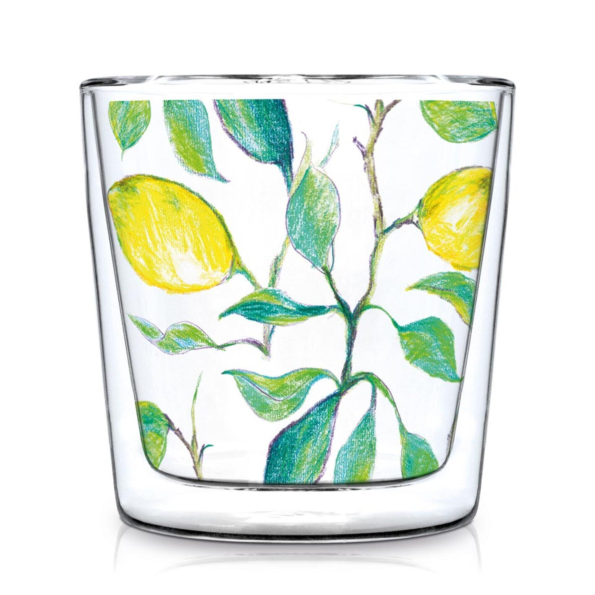 Transparenter GL Trendglas DW Behälter mit dekorativer Zeichnung von Zitronenästen und Blättern an den Innenwänden.