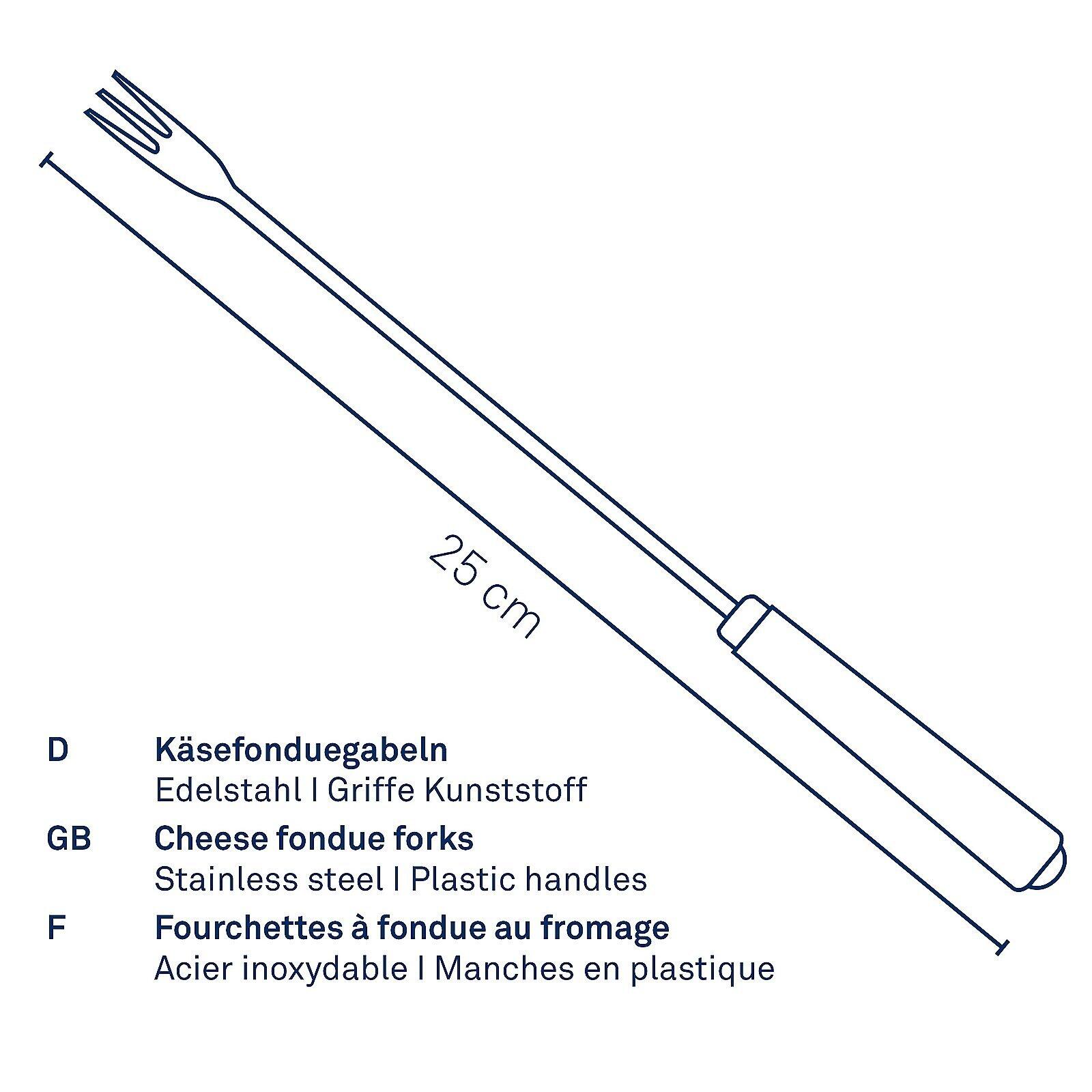 Käsefonduegabel Morena aus Edelstahl mit Kunststoffgriffen und drei Zinken, in schräger Perspektive zur Veranschaulichung der Länge von 25 cm.