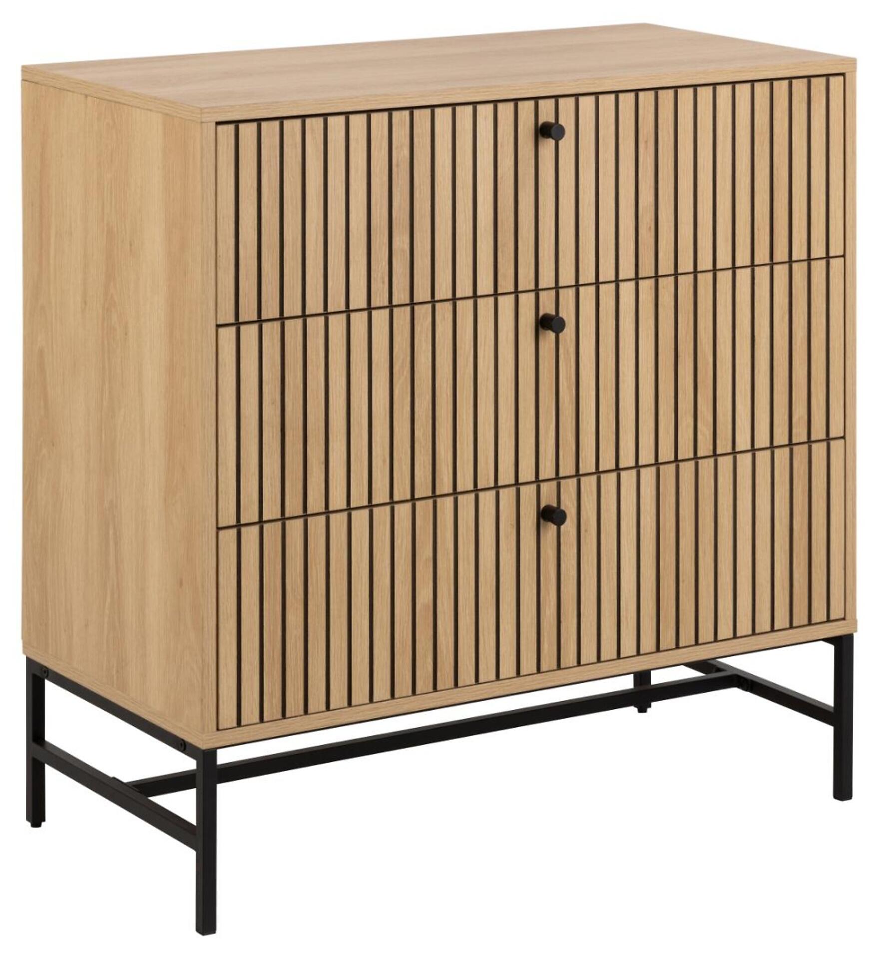 Kommode Albany mit zwei Schubladen, Lamellenfront in Eiche rau und schwarzen Knöpfen, auf schwarzem Metallgestell.