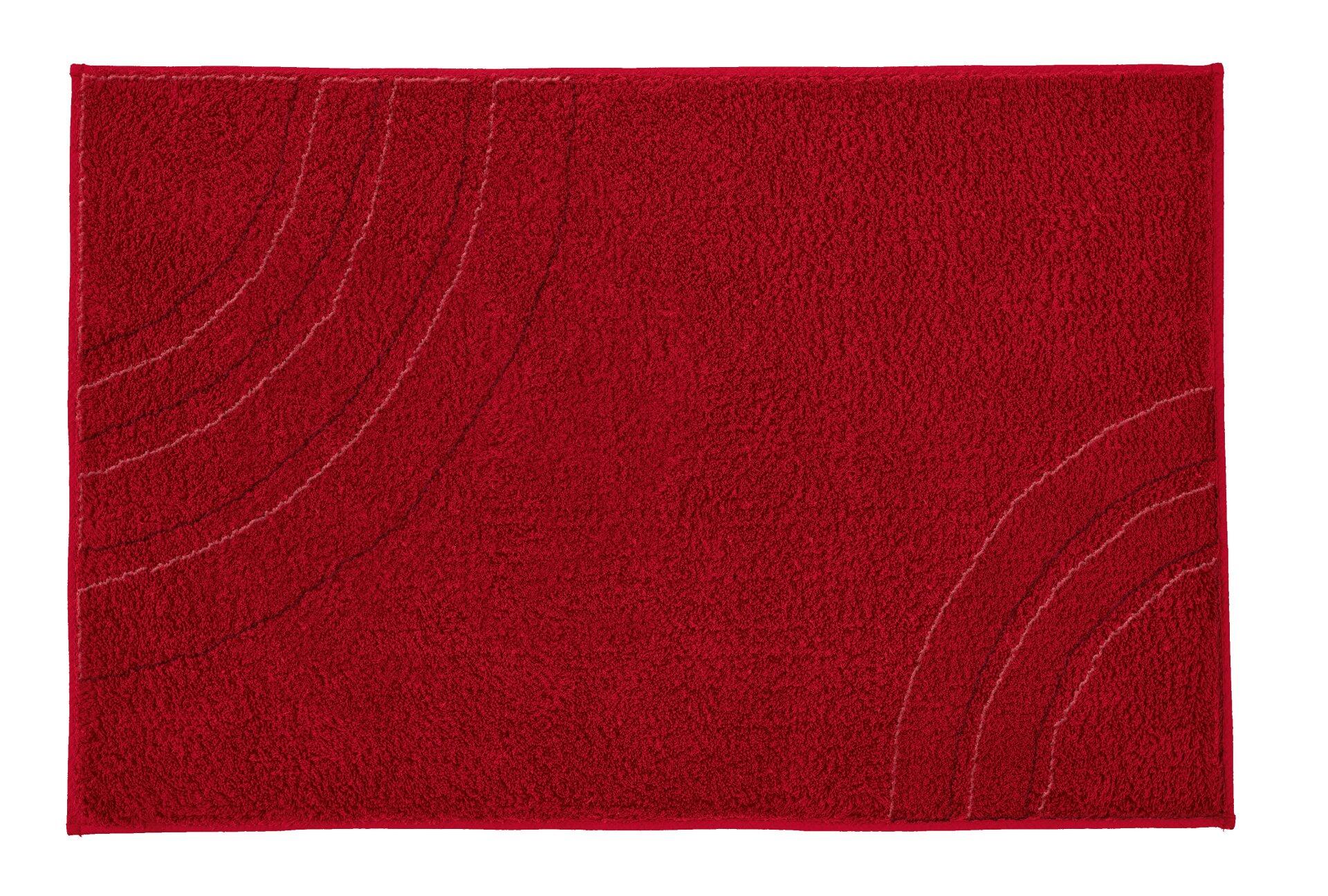 Roter Badteppich Saturn mit flaumiger Textur und dezentem cremefarbenem, konzentrischen Halbkreis-Muster.