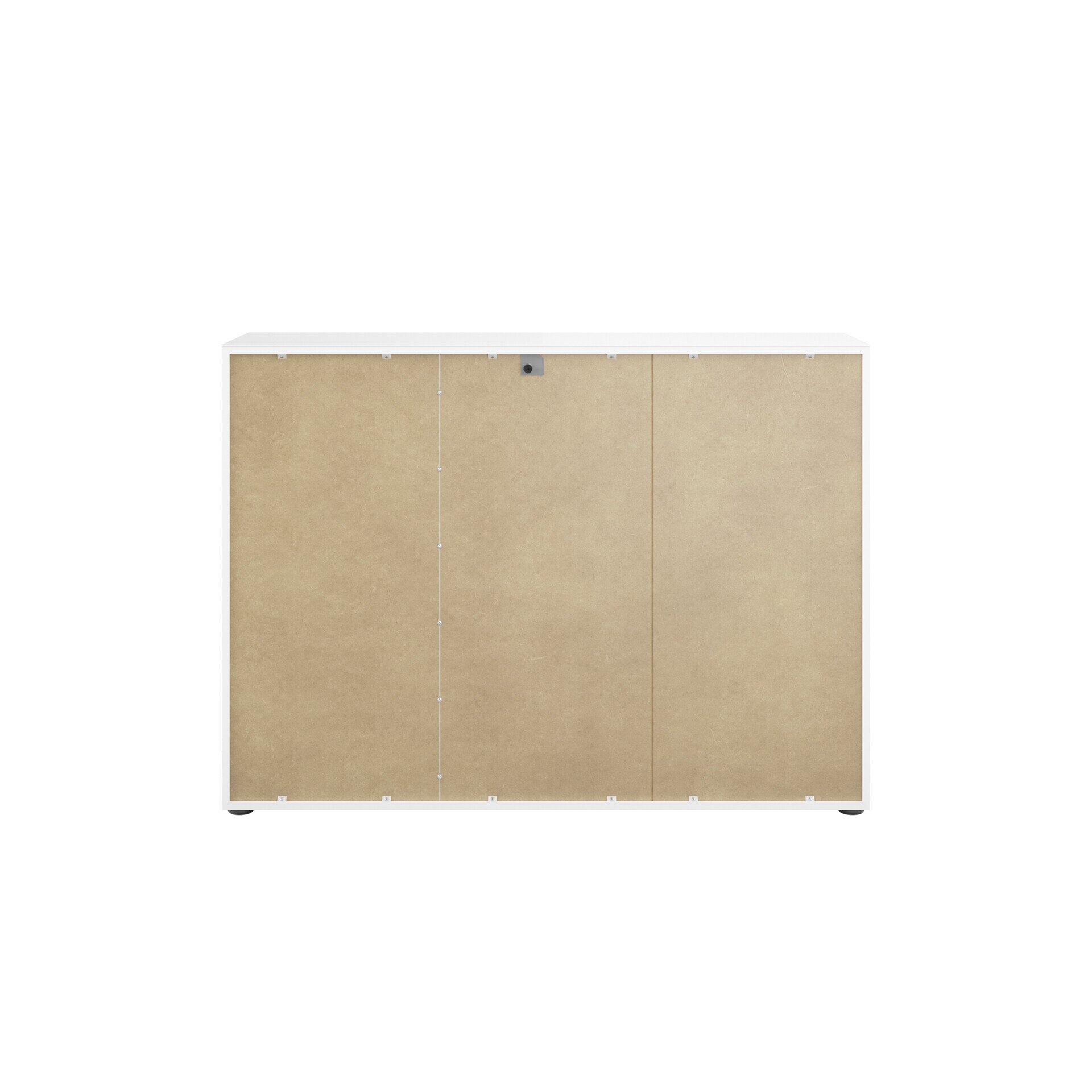 Kommode Style, weißer Korpus mit brauner Rückwand aus Holz, filigranen Füßen und kleinem Loch zur Befestigung – Detailaufnahme von hinten.
