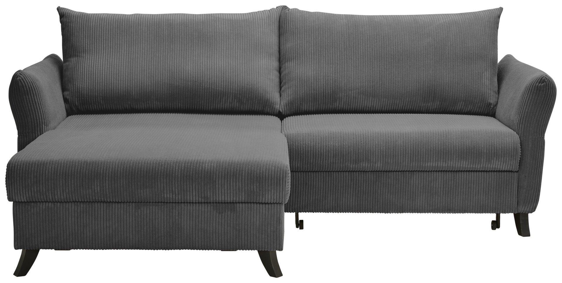 Graues Ecksofa Ruben mit Ottomane in Frontalperspektive, die versetzbar positioniert ist, und schmalen, schwarzen Füßen.