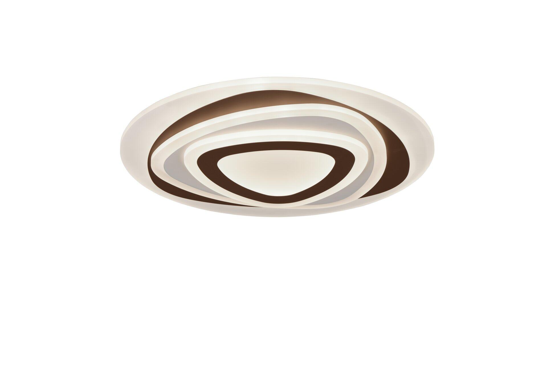 Deckenleuchte Zilo mit kreisförmiger, konkativer Form und konzentrischen Ringscheiben in Beige und Braun, welche durch die Frontalperspektive und die stufenlos einstellbare Lichtfarbe ihre dreidimensionale Struktur und das Lichtspiel hervorheben.