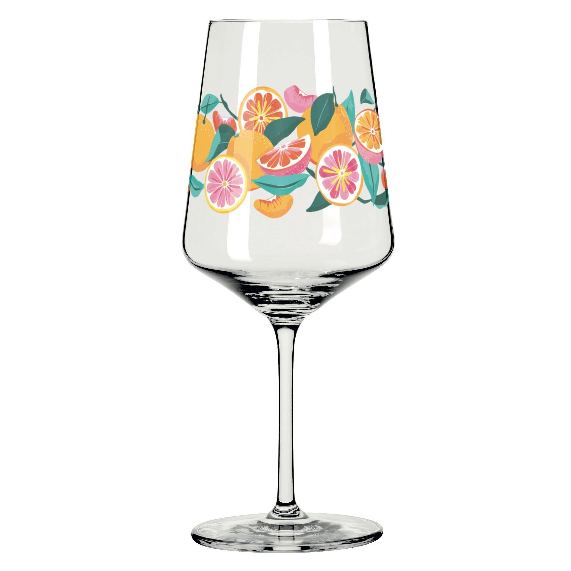 Aperitifglas-Set mit verziertem Design aus halben Orangen, Zitronen und Blüten, dargestellt in einer geraden, frontalen Perspektive.