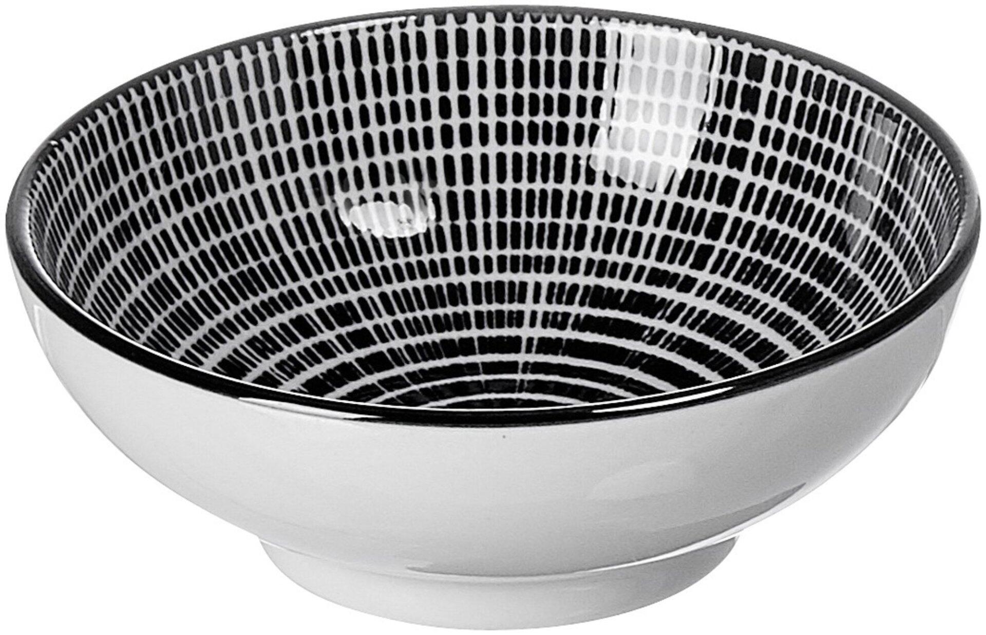 Schwarze, konische Schale "Takeo Stripes" mit weißem Innenraum und grafischem Linienmuster, abgebildet in Weißton-Perspektive.