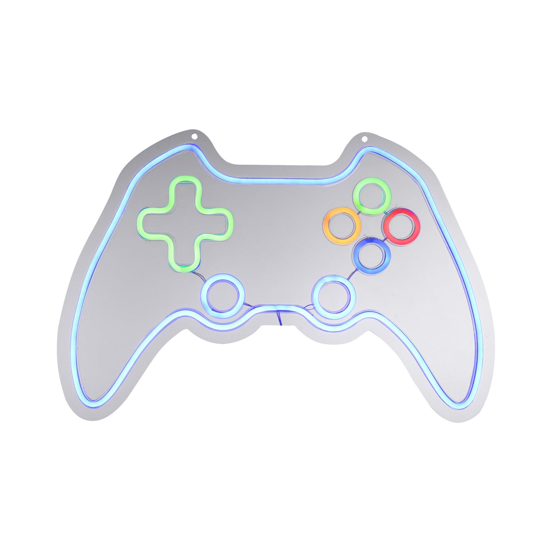 LED-Wanddekor "Neon-Gamer" in Gamepad-Form mit blauen Konturen und farbig beleuchteten Tasten in Rot, Gelb, Grün, Blau und Orange, aus Frontalperspektive.